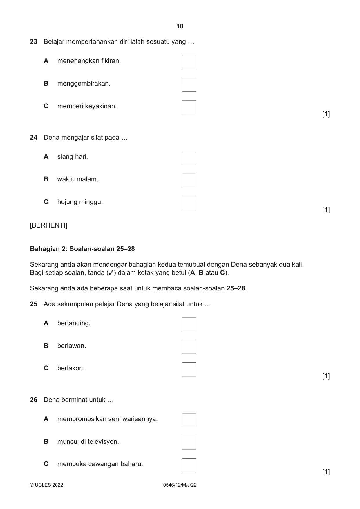 Cambridge IGCSE Malay - Foreign Language 0546 2022 May/June Paper 1 · Variant 2 question paper, page 10 of 16