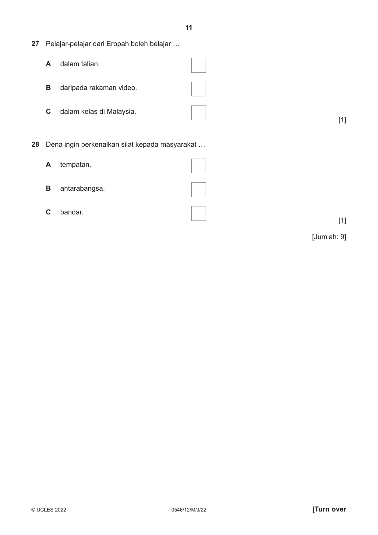 Cambridge IGCSE Malay - Foreign Language 0546 2022 May/June Paper 1 · Variant 2 question paper, page 11 of 16
