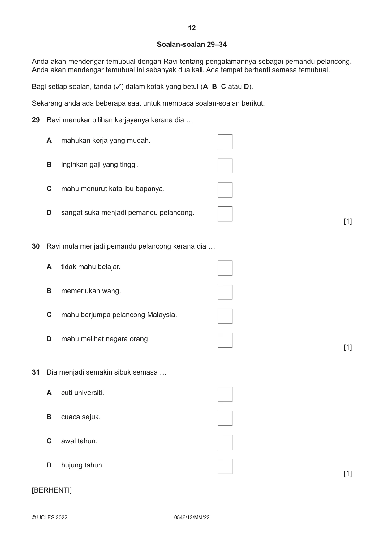 Cambridge IGCSE Malay - Foreign Language 0546 2022 May/June Paper 1 · Variant 2 question paper, page 12 of 16