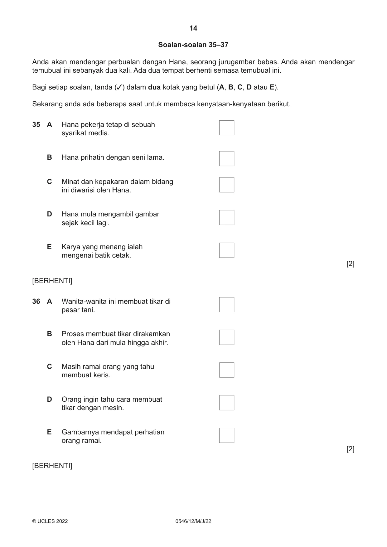 Cambridge IGCSE Malay - Foreign Language 0546 2022 May/June Paper 1 · Variant 2 question paper, page 14 of 16
