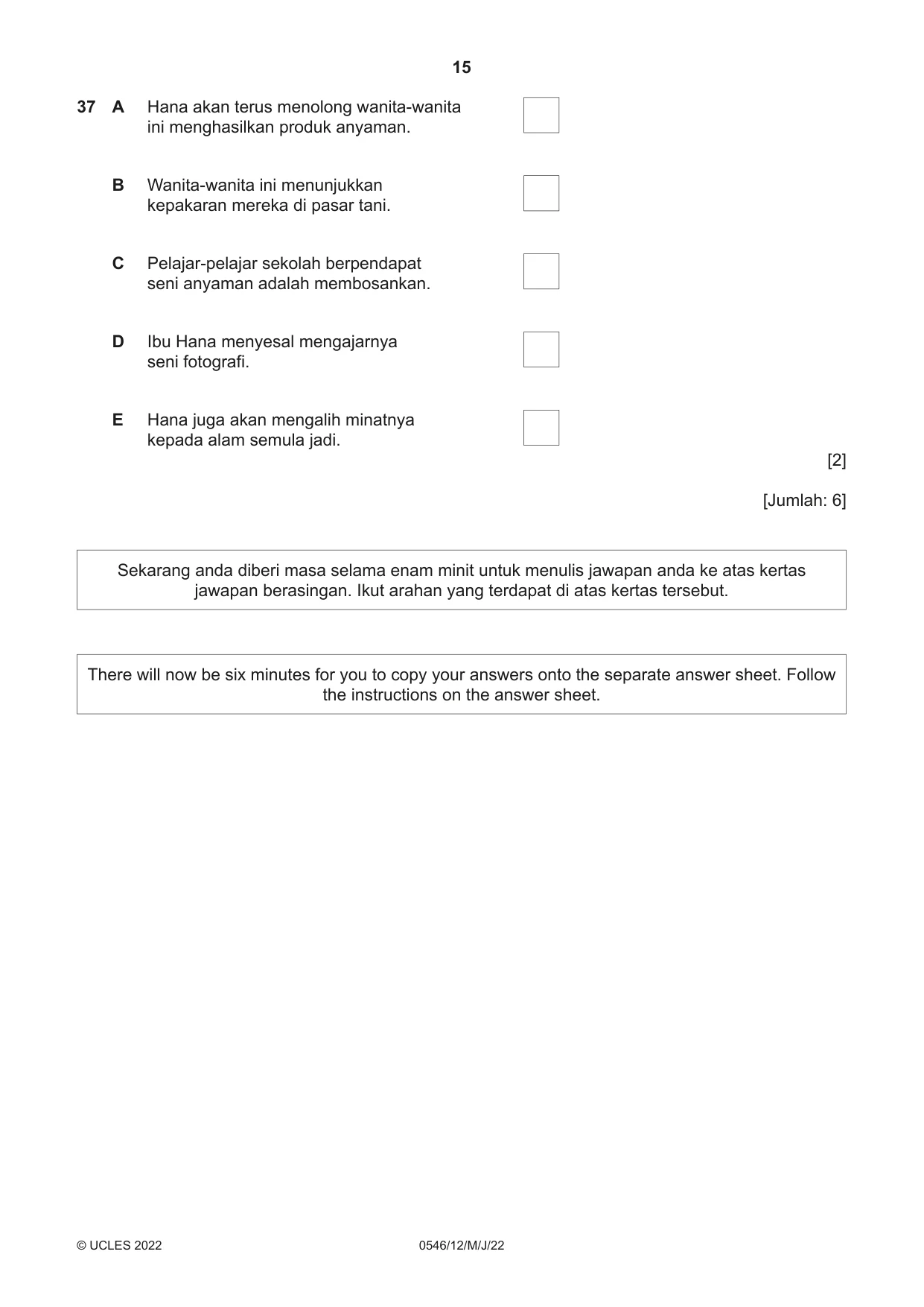Cambridge IGCSE Malay - Foreign Language 0546 2022 May/June Paper 1 · Variant 2 question paper, page 15 of 16
