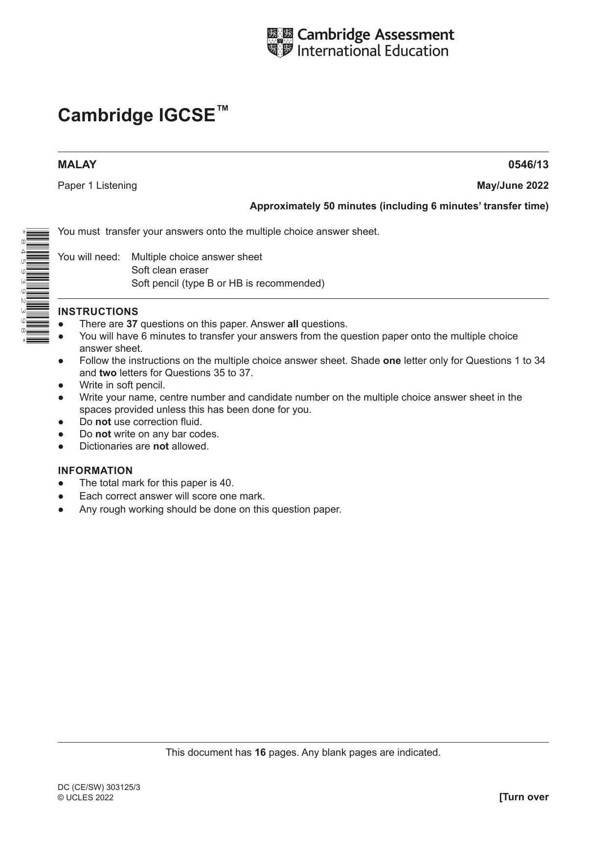 Cambridge IGCSE Malay - Foreign Language 0546 2022 May/June Paper 1 · Variant 3 question paper, page 1 of 16
