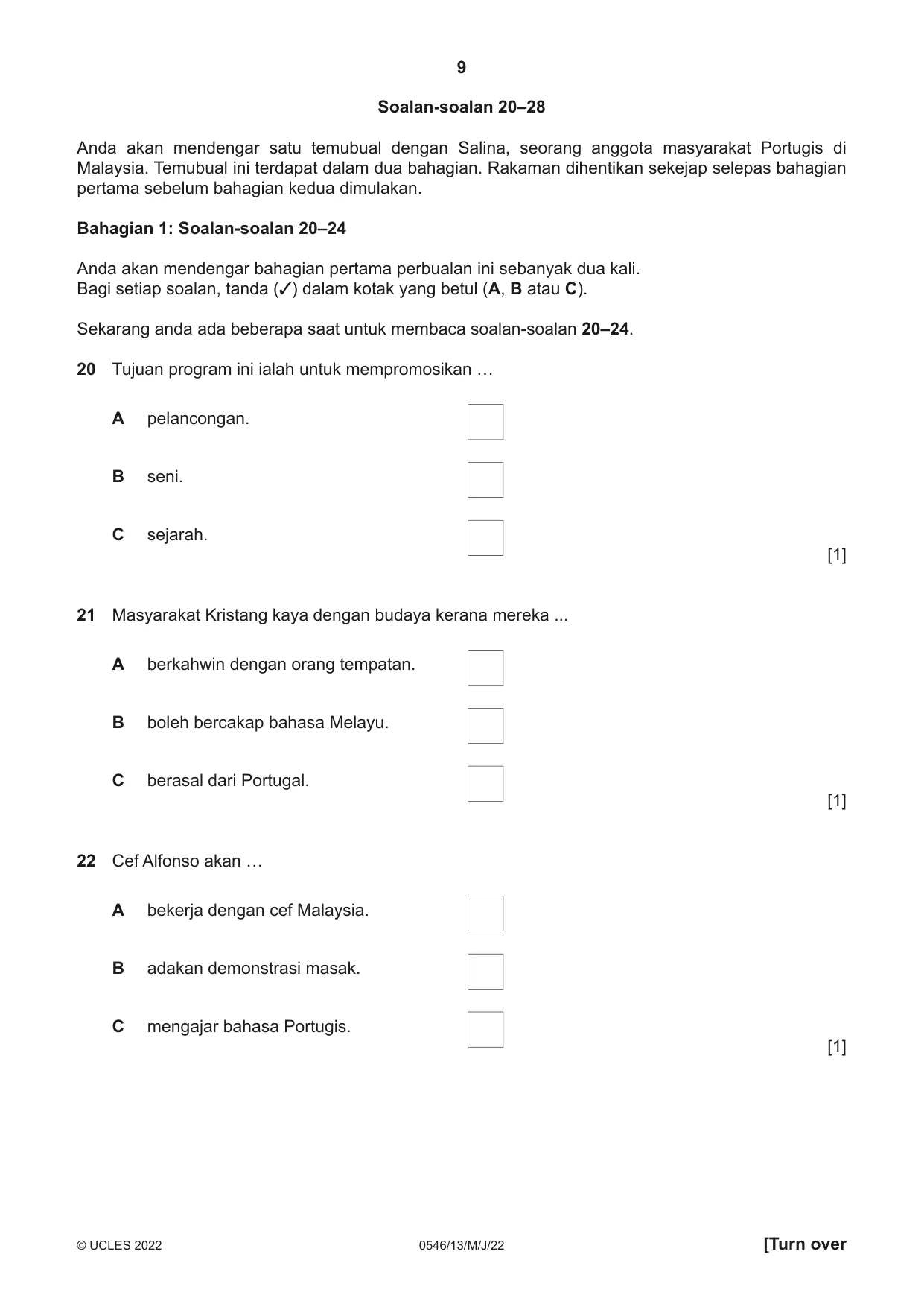 Cambridge IGCSE Malay - Foreign Language 0546 2022 May/June Paper 1 · Variant 3 question paper, page 9 of 16