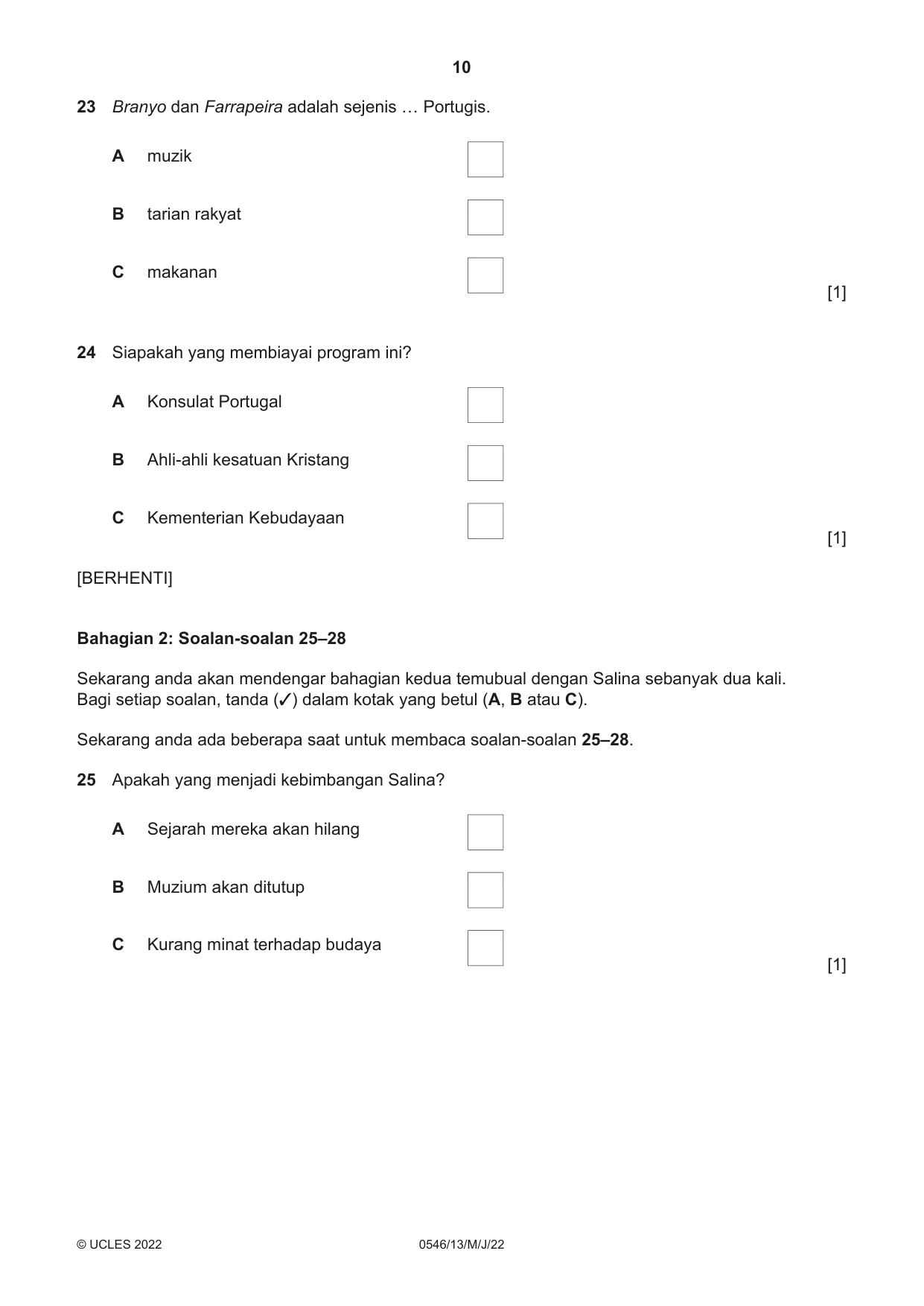Cambridge IGCSE Malay - Foreign Language 0546 2022 May/June Paper 1 · Variant 3 question paper, page 10 of 16