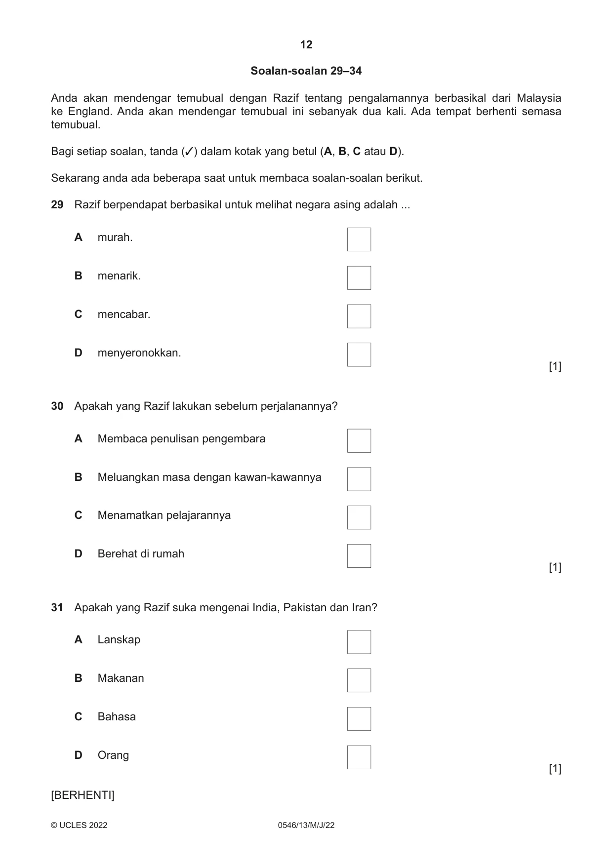 Cambridge IGCSE Malay - Foreign Language 0546 2022 May/June Paper 1 · Variant 3 question paper, page 12 of 16