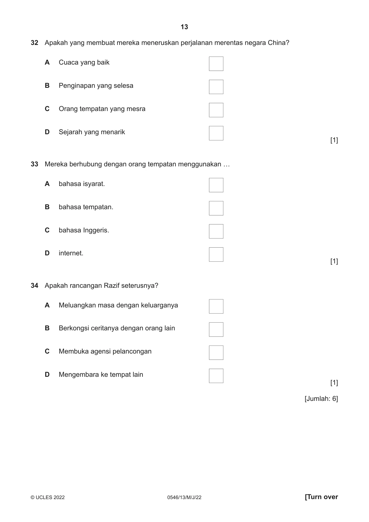 Cambridge IGCSE Malay - Foreign Language 0546 2022 May/June Paper 1 · Variant 3 question paper, page 13 of 16