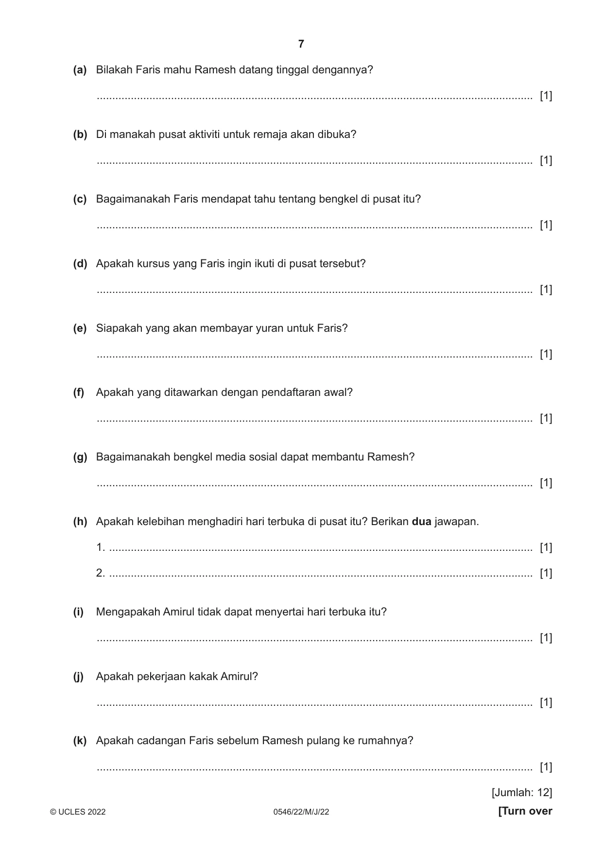 Cambridge IGCSE Malay - Foreign Language 0546 2022 May/June Paper 2 · Variant 2 question paper, page 7 of 12