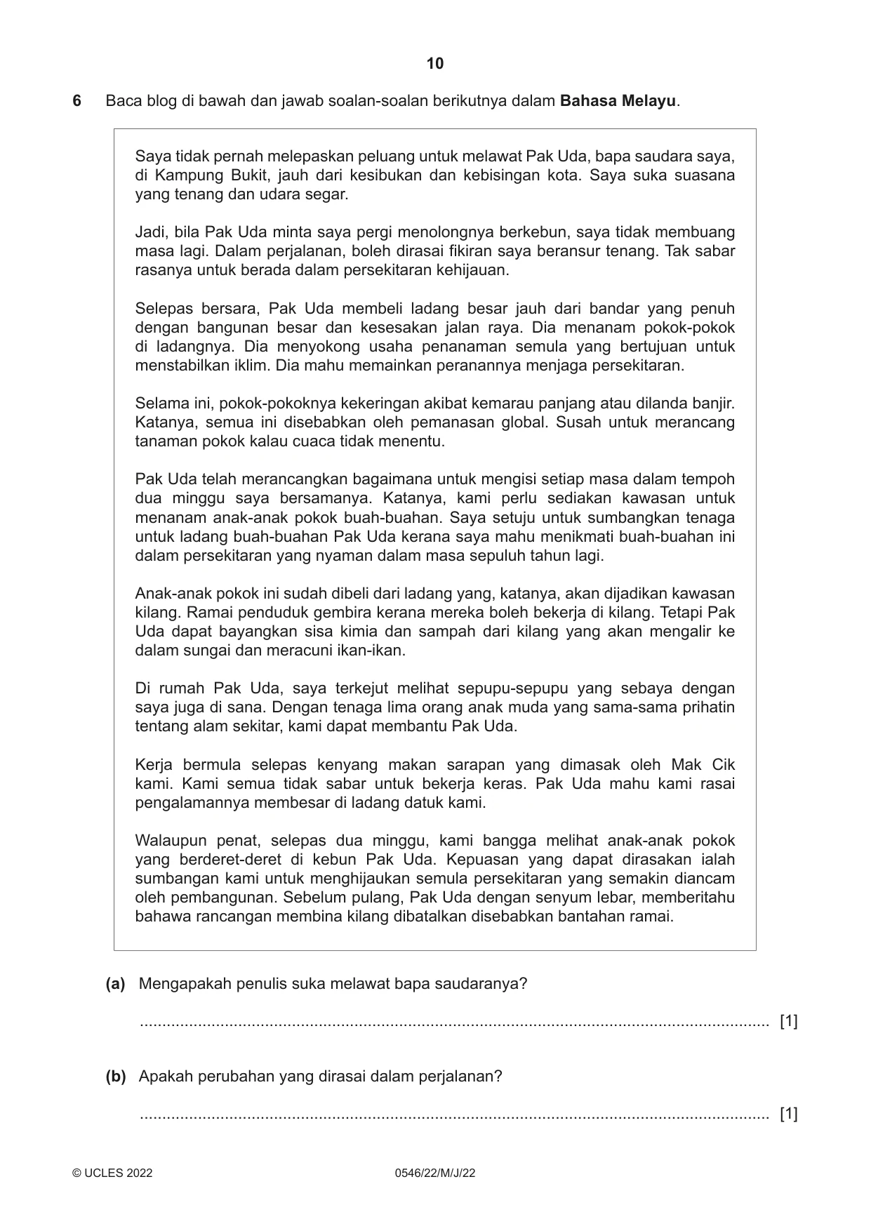 Cambridge IGCSE Malay - Foreign Language 0546 2022 May/June Paper 2 · Variant 2 question paper, page 10 of 12