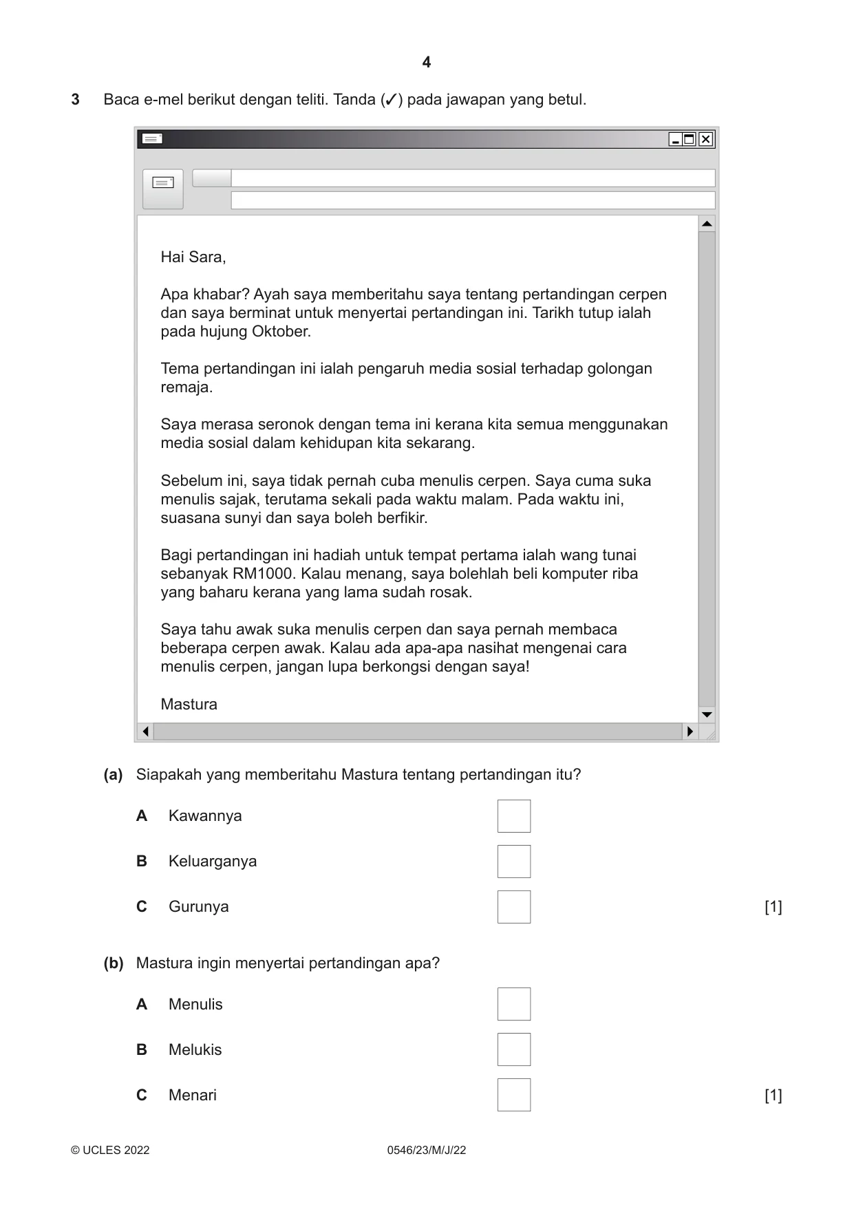 Cambridge IGCSE Malay - Foreign Language 0546 2022 May/June Paper 2 · Variant 3 question paper, page 4 of 12