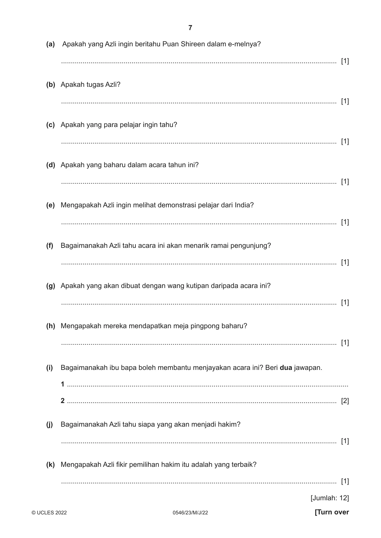 Cambridge IGCSE Malay - Foreign Language 0546 2022 May/June Paper 2 · Variant 3 question paper, page 7 of 12