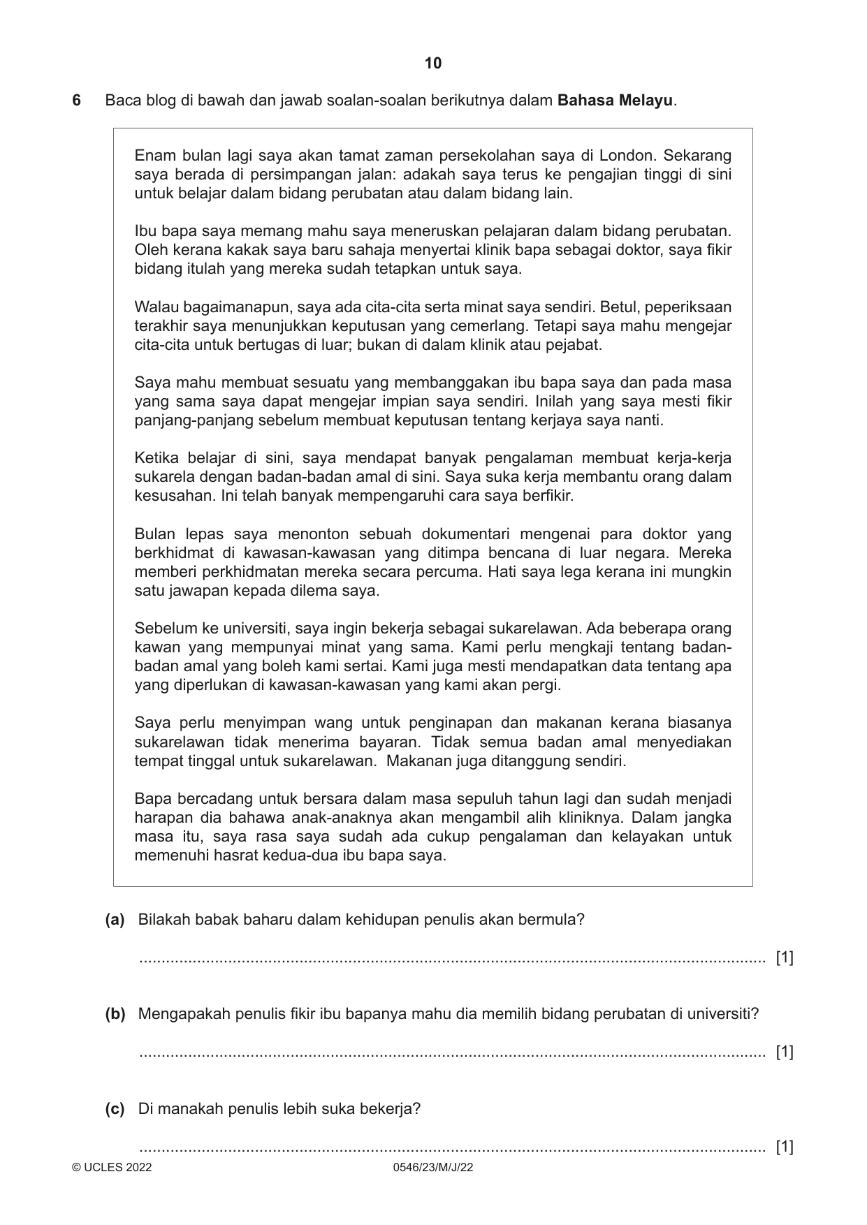 Cambridge IGCSE Malay - Foreign Language 0546 2022 May/June Paper 2 · Variant 3 question paper, page 10 of 12