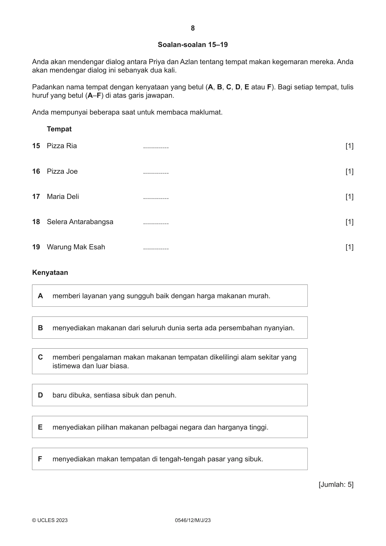 Cambridge IGCSE Malay - Foreign Language 0546 2023 May/June Paper 1 · Variant 2 question paper, page 8 of 16