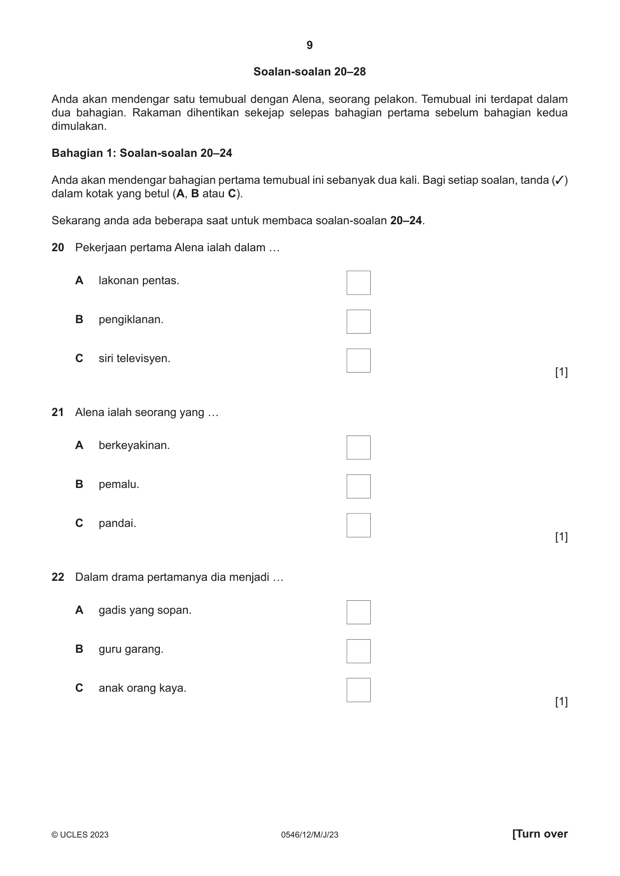 Cambridge IGCSE Malay - Foreign Language 0546 2023 May/June Paper 1 · Variant 2 question paper, page 9 of 16