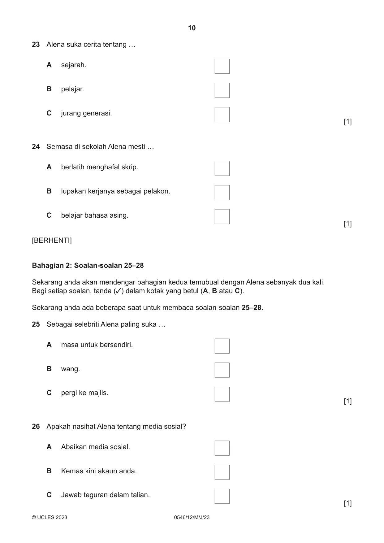 Cambridge IGCSE Malay - Foreign Language 0546 2023 May/June Paper 1 · Variant 2 question paper, page 10 of 16