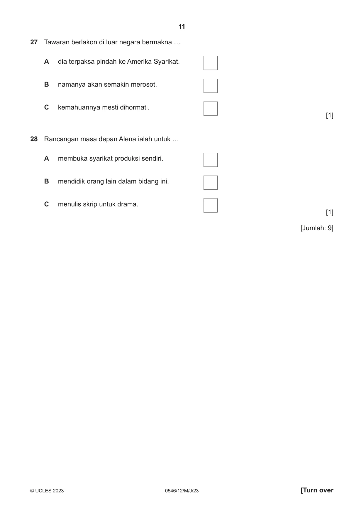Cambridge IGCSE Malay - Foreign Language 0546 2023 May/June Paper 1 · Variant 2 question paper, page 11 of 16