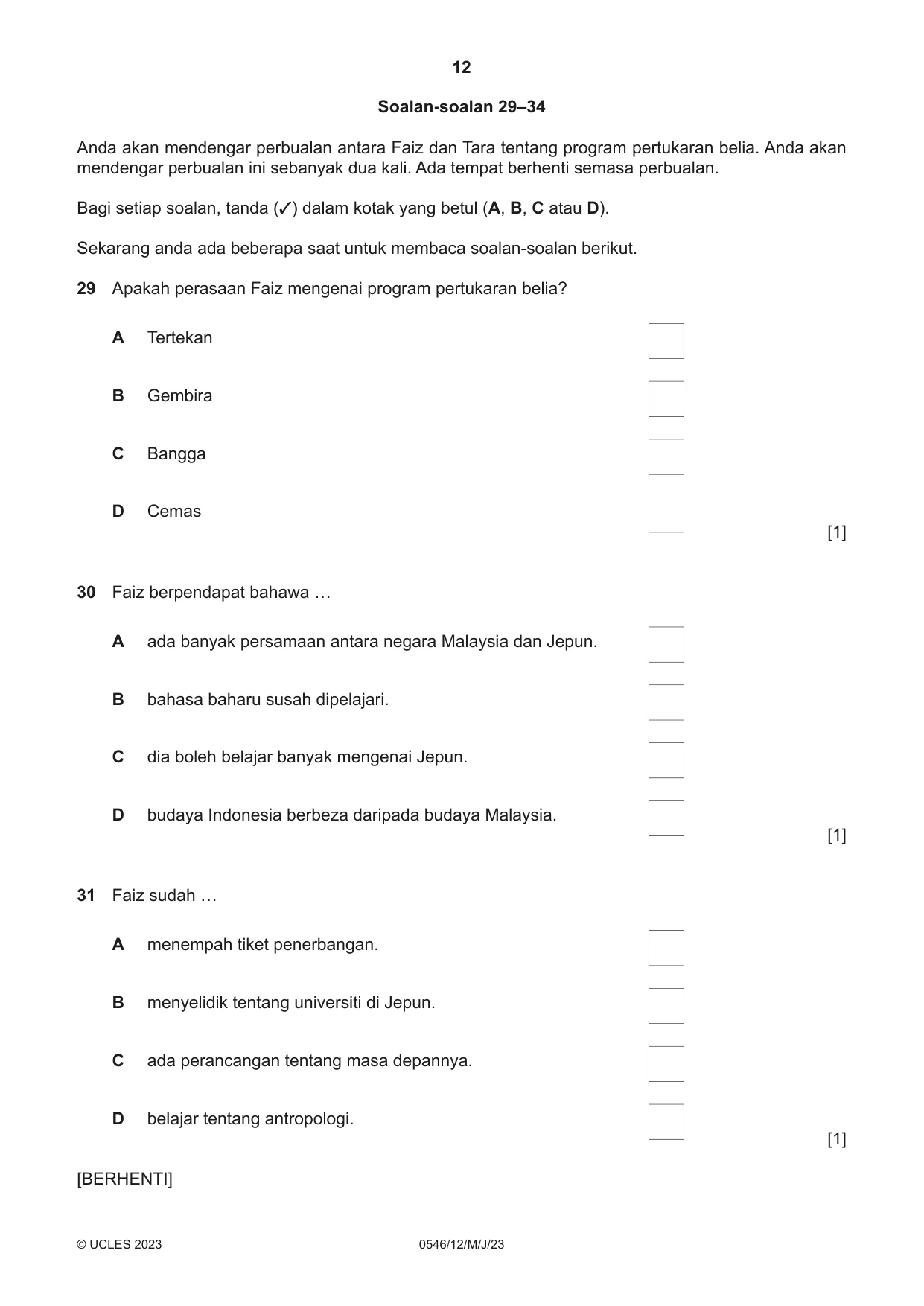 Cambridge IGCSE Malay - Foreign Language 0546 2023 May/June Paper 1 · Variant 2 question paper, page 12 of 16