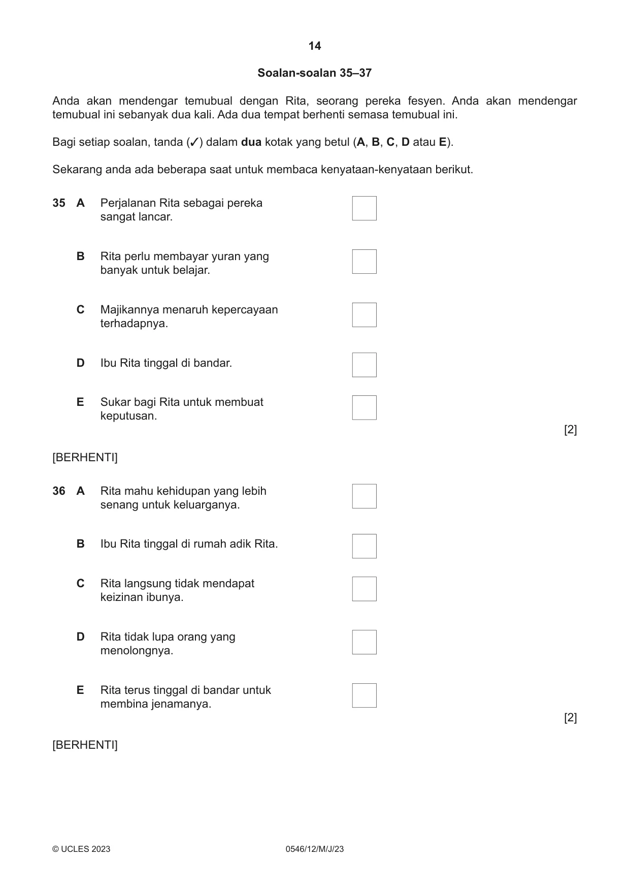 Cambridge IGCSE Malay - Foreign Language 0546 2023 May/June Paper 1 · Variant 2 question paper, page 14 of 16