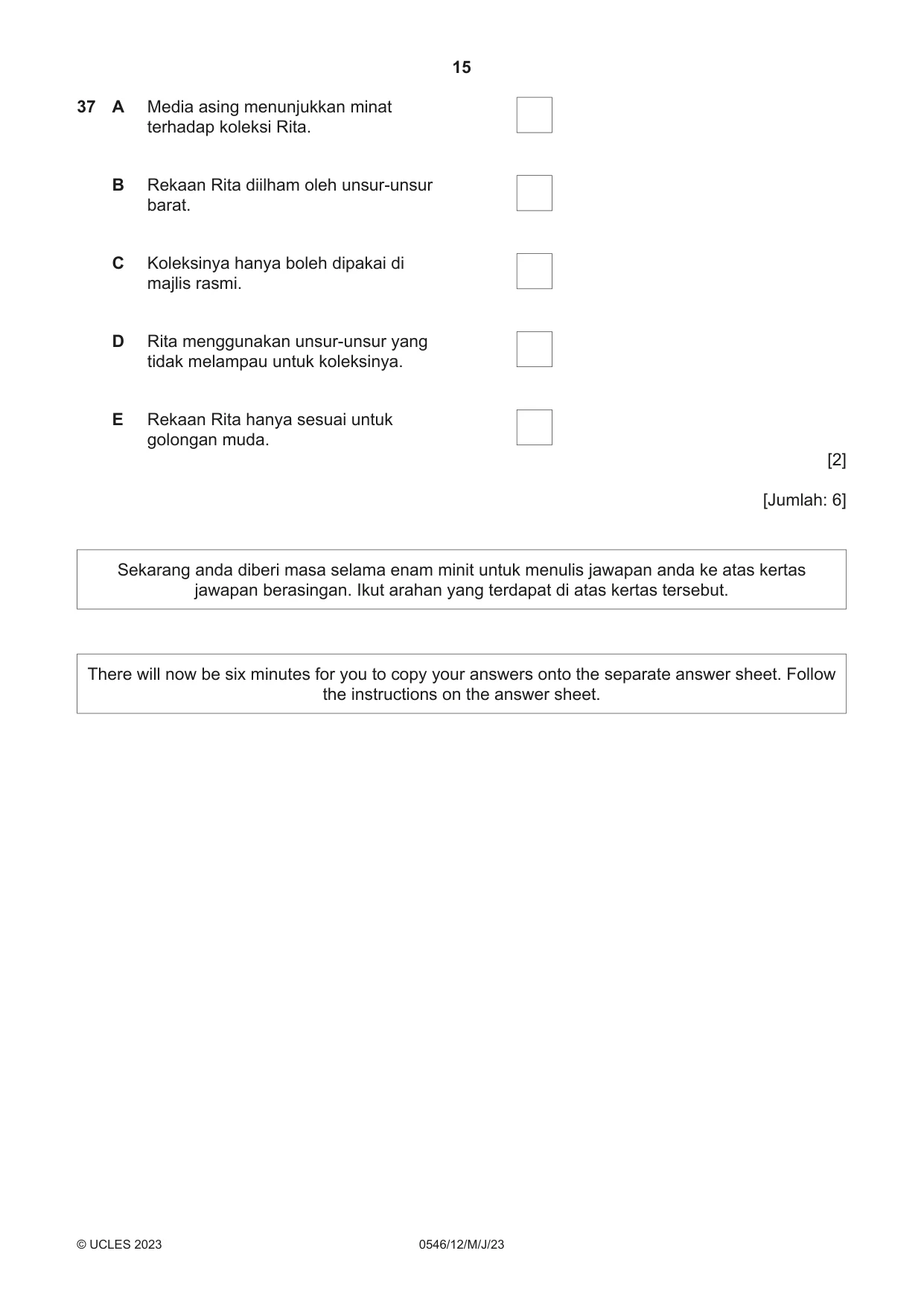 Cambridge IGCSE Malay - Foreign Language 0546 2023 May/June Paper 1 · Variant 2 question paper, page 15 of 16