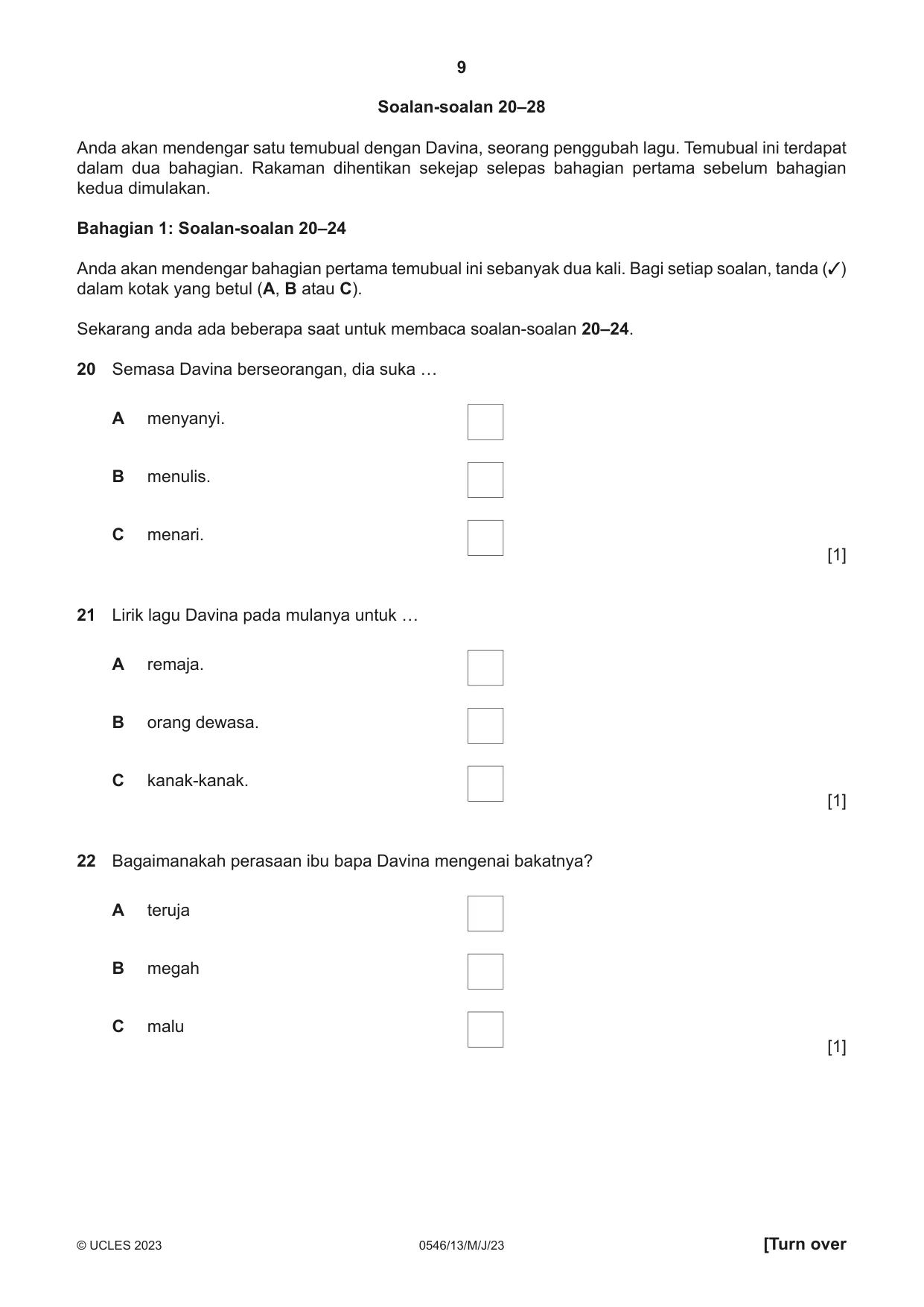 Cambridge IGCSE Malay - Foreign Language 0546 2023 May/June Paper 1 · Variant 3 question paper, page 9 of 16