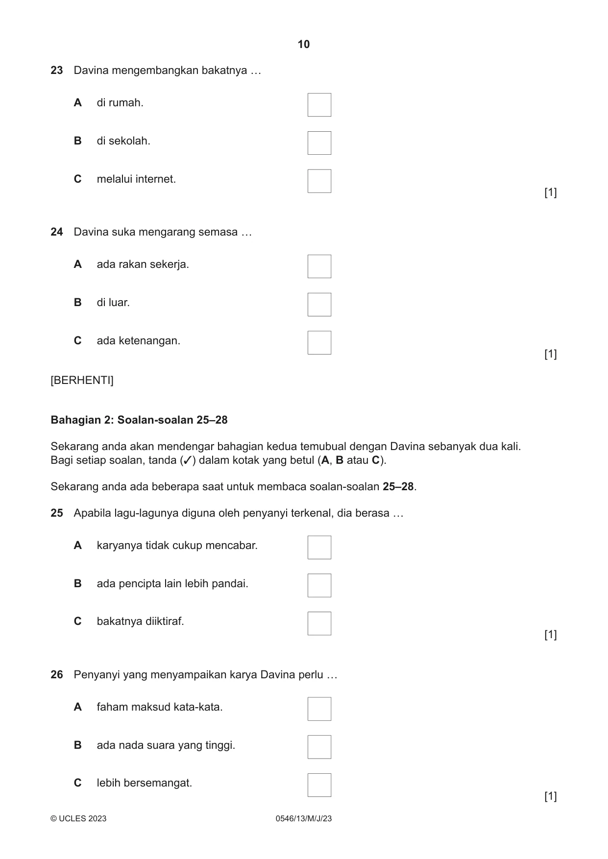 Cambridge IGCSE Malay - Foreign Language 0546 2023 May/June Paper 1 · Variant 3 question paper, page 10 of 16
