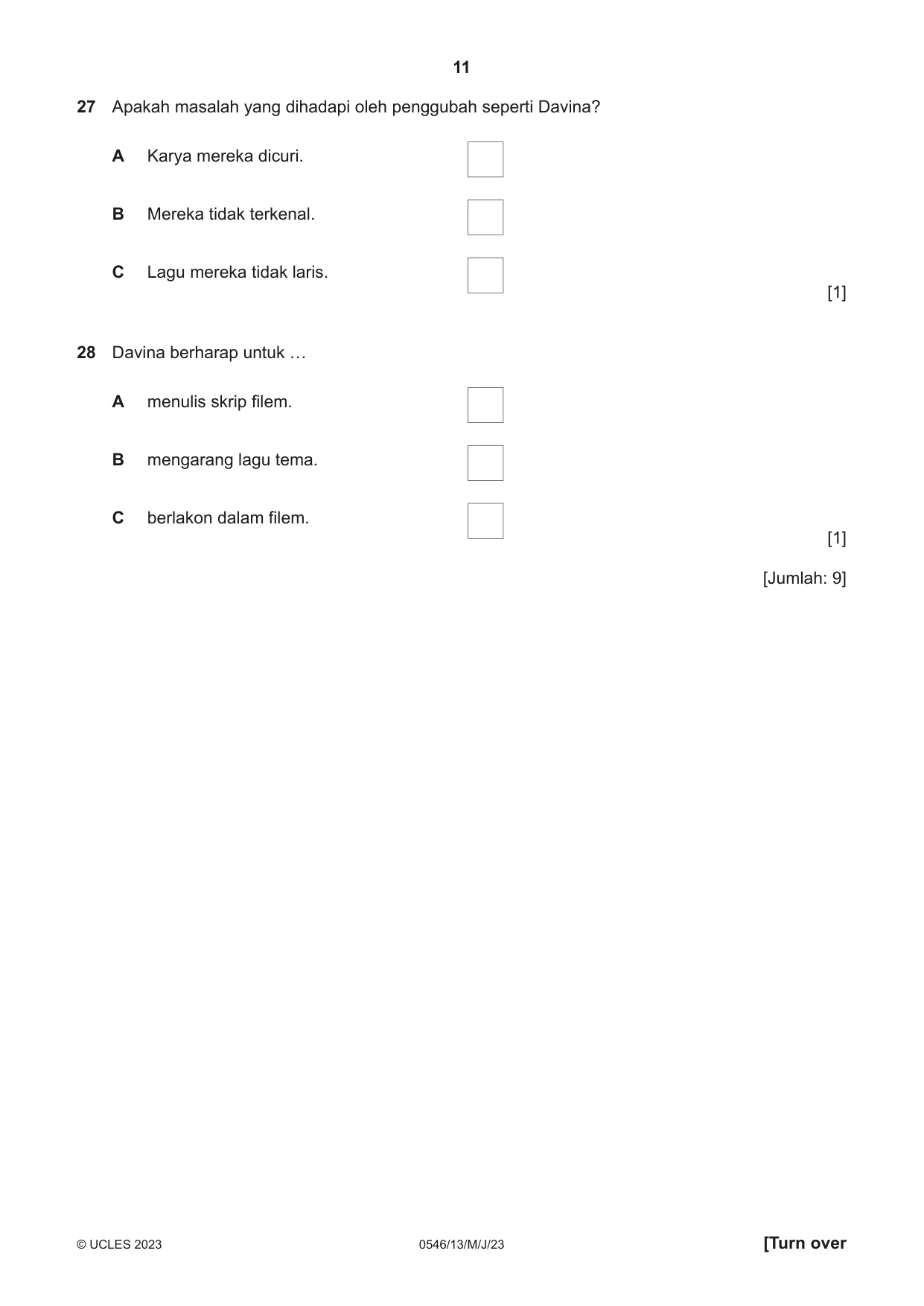 Cambridge IGCSE Malay - Foreign Language 0546 2023 May/June Paper 1 · Variant 3 question paper, page 11 of 16