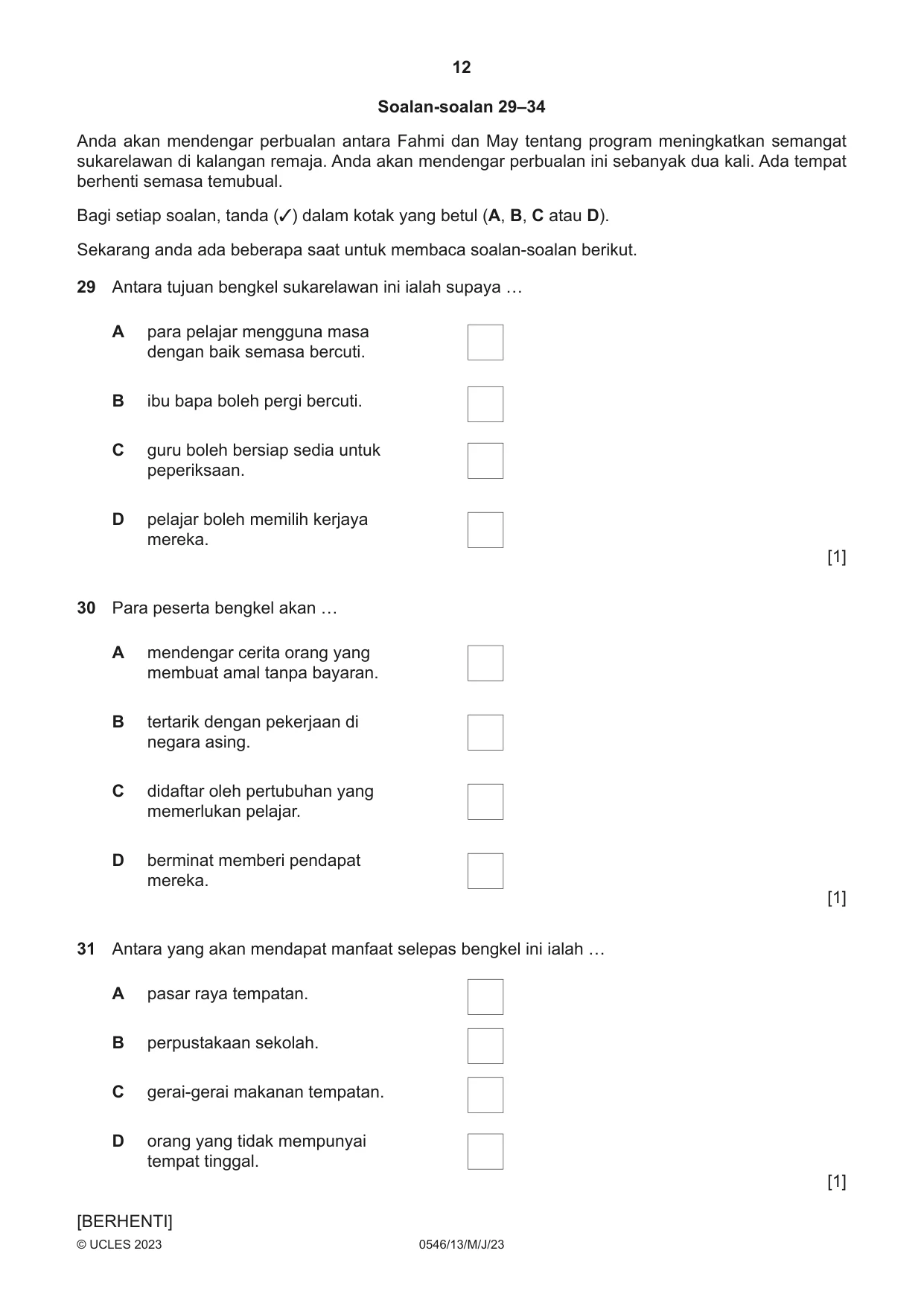Cambridge IGCSE Malay - Foreign Language 0546 2023 May/June Paper 1 · Variant 3 question paper, page 12 of 16