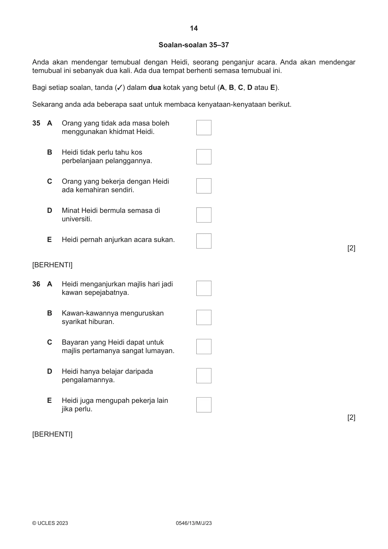 Cambridge IGCSE Malay - Foreign Language 0546 2023 May/June Paper 1 · Variant 3 question paper, page 14 of 16