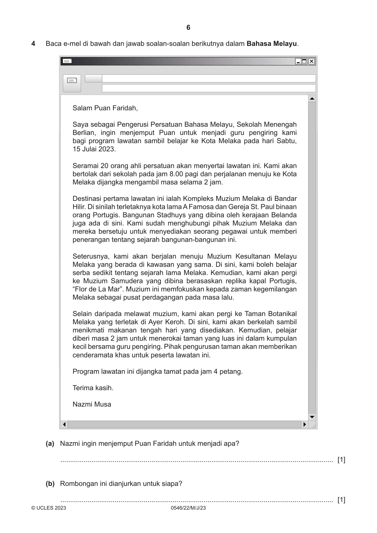 Cambridge IGCSE Malay - Foreign Language 0546 2023 May/June Paper 2 · Variant 2 question paper, page 6 of 12