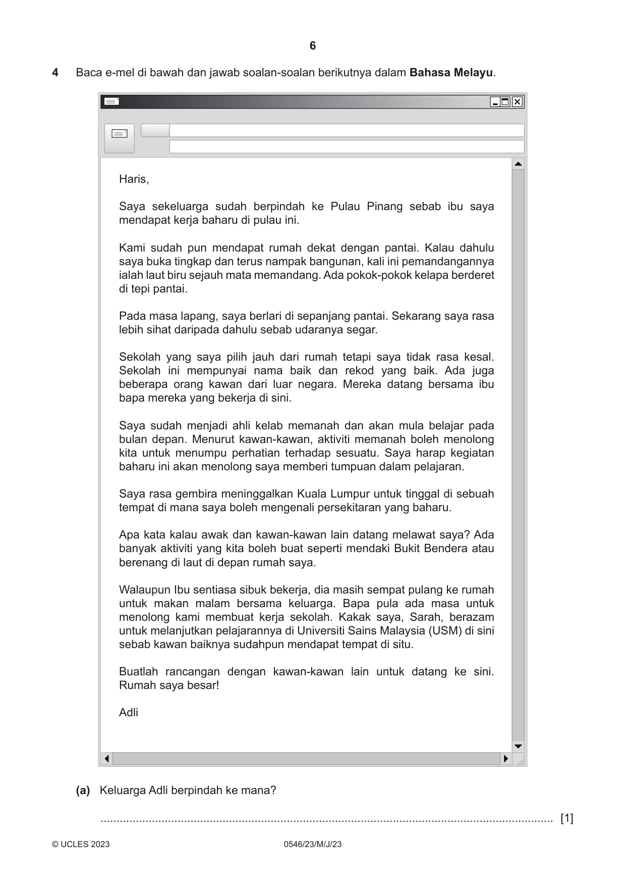 Cambridge IGCSE Malay - Foreign Language 0546 2023 May/June Paper 2 · Variant 3 question paper, page 6 of 12