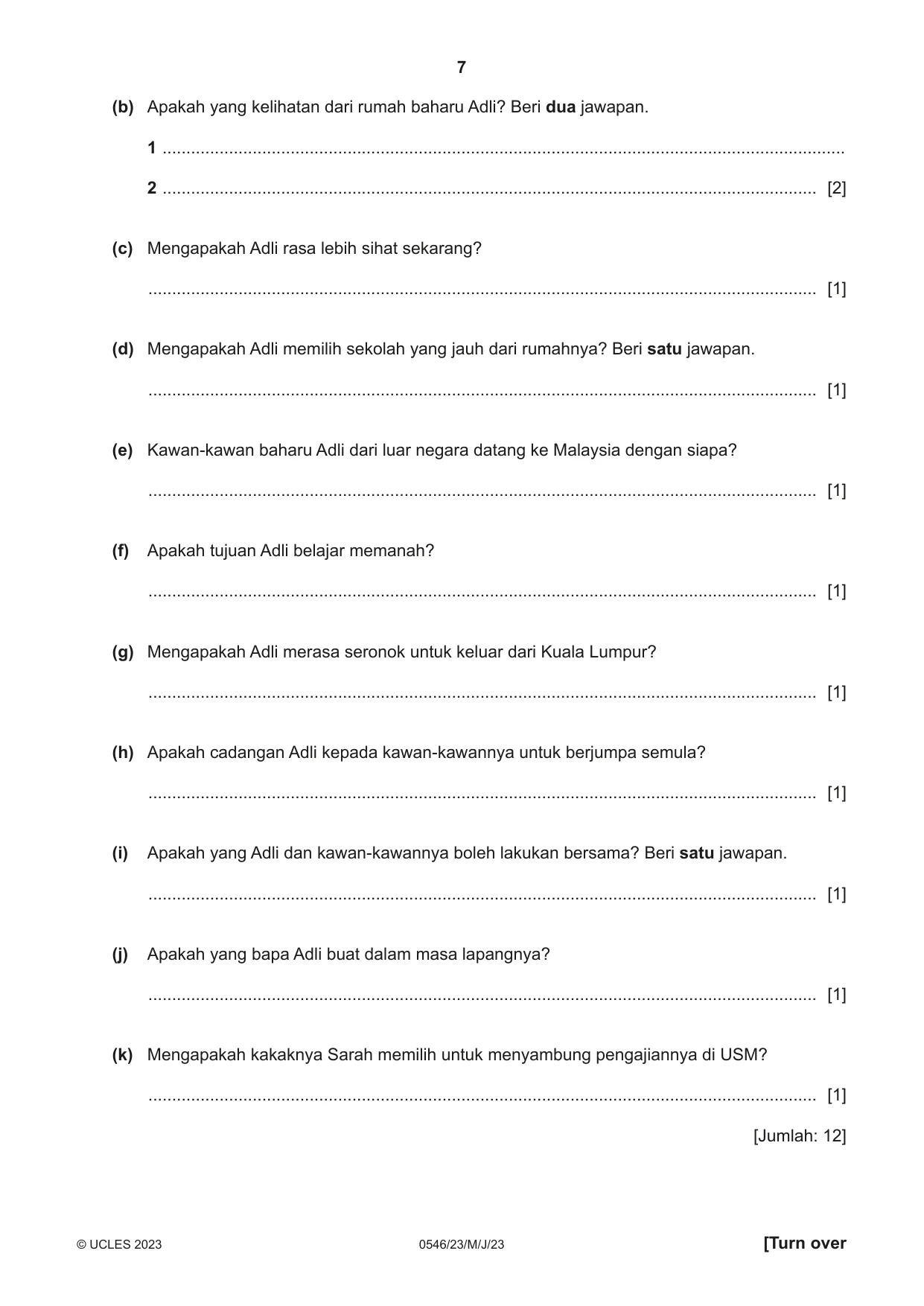 Cambridge IGCSE Malay - Foreign Language 0546 2023 May/June Paper 2 · Variant 3 question paper, page 7 of 12