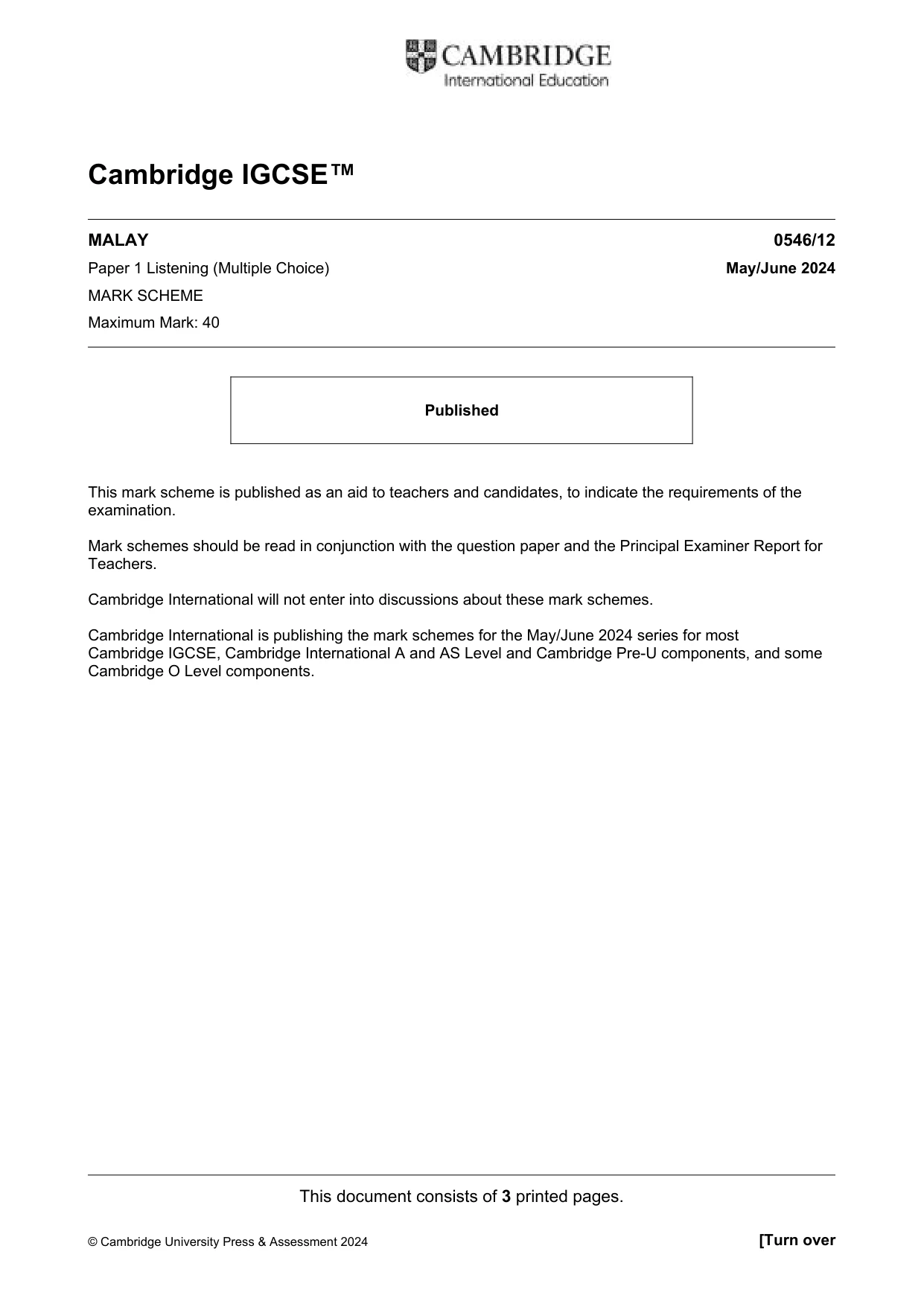 Mark scheme, page 1 of 3