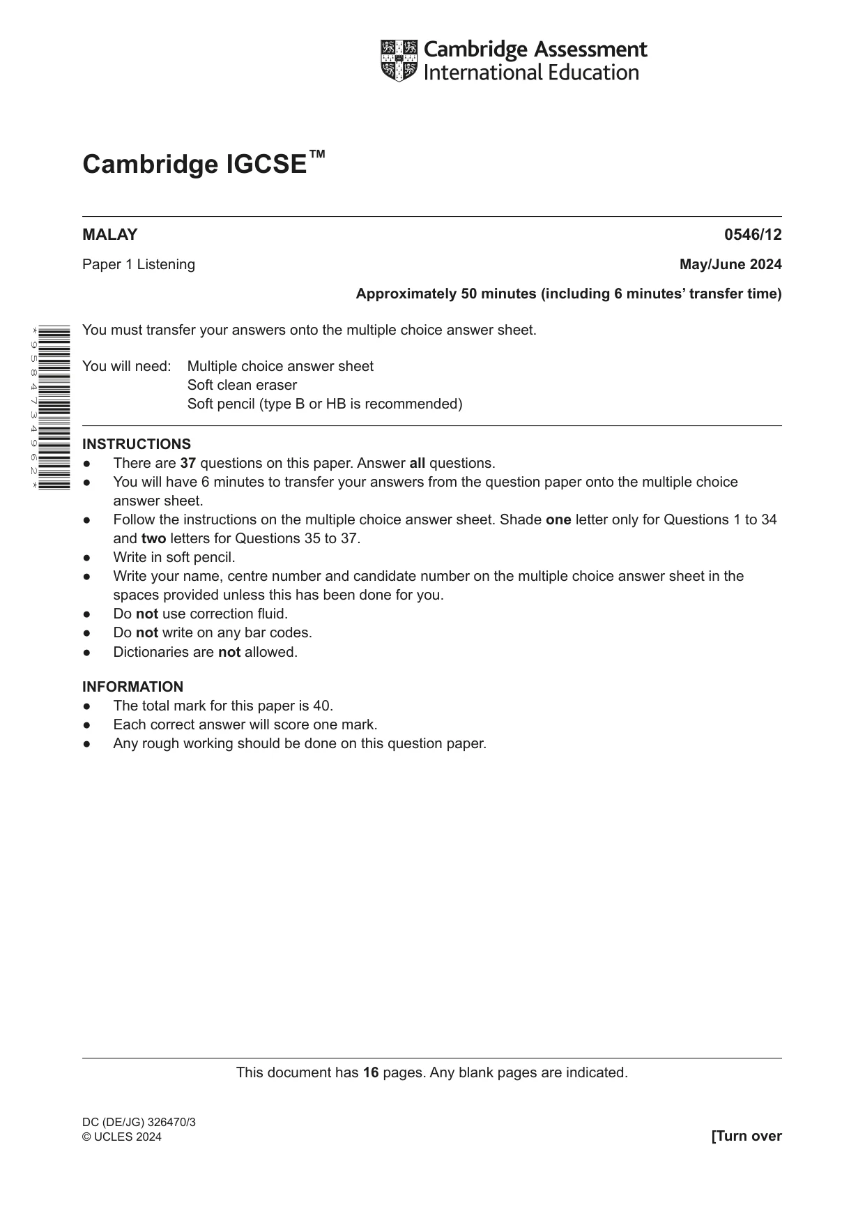Cambridge IGCSE Malay - Foreign Language 0546 2024 May/June Paper 1 · Variant 2 question paper, page 1 of 16