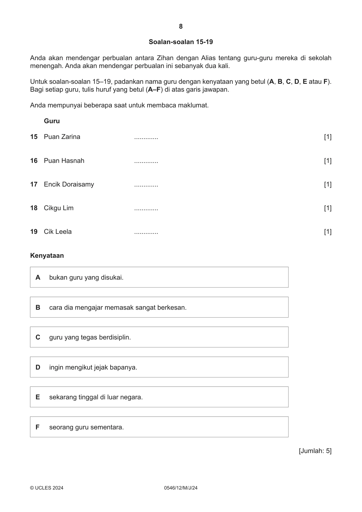 Cambridge IGCSE Malay - Foreign Language 0546 2024 May/June Paper 1 · Variant 2 question paper, page 8 of 16