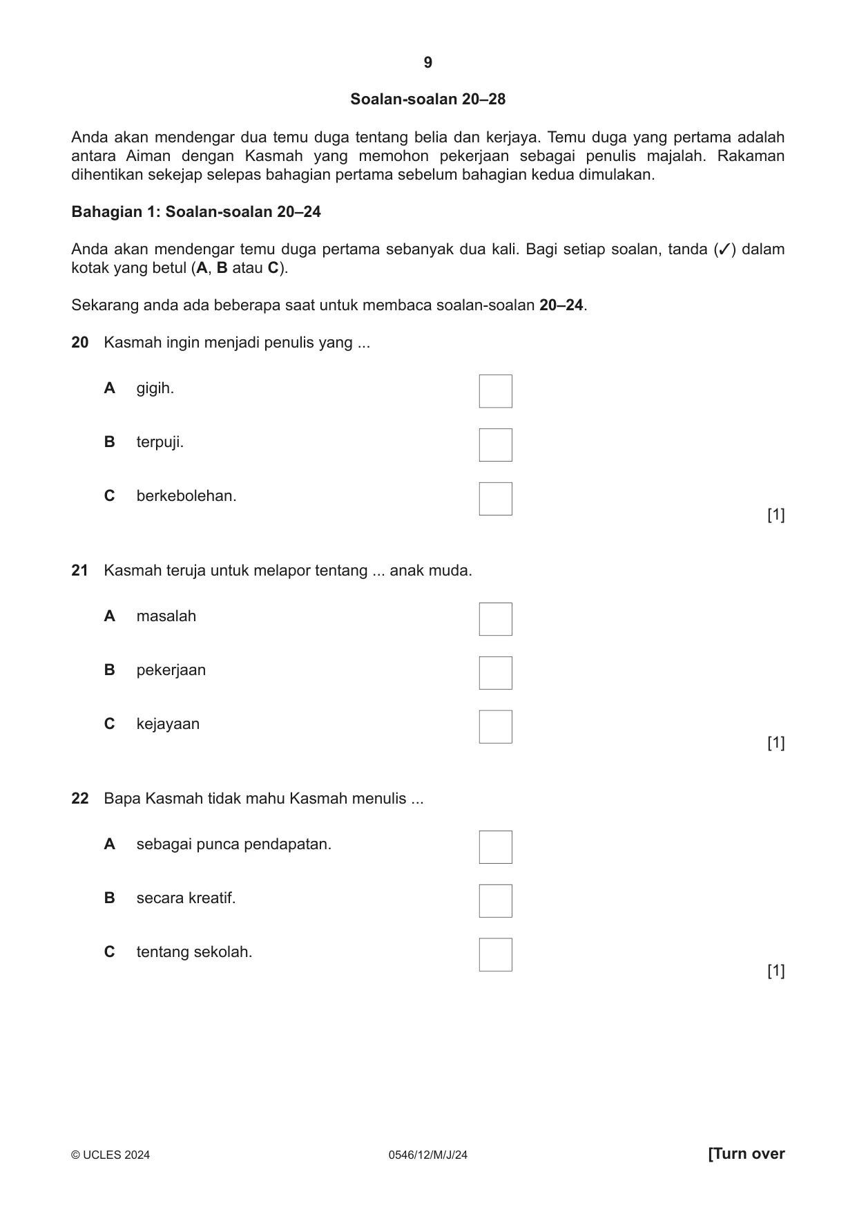 Cambridge IGCSE Malay - Foreign Language 0546 2024 May/June Paper 1 · Variant 2 question paper, page 9 of 16