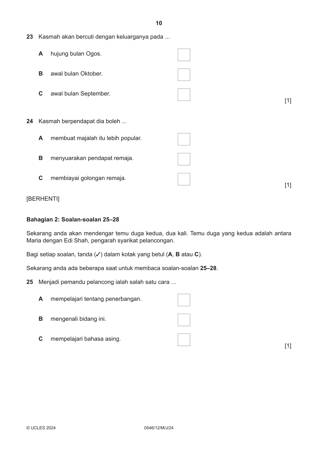 Cambridge IGCSE Malay - Foreign Language 0546 2024 May/June Paper 1 · Variant 2 question paper, page 10 of 16