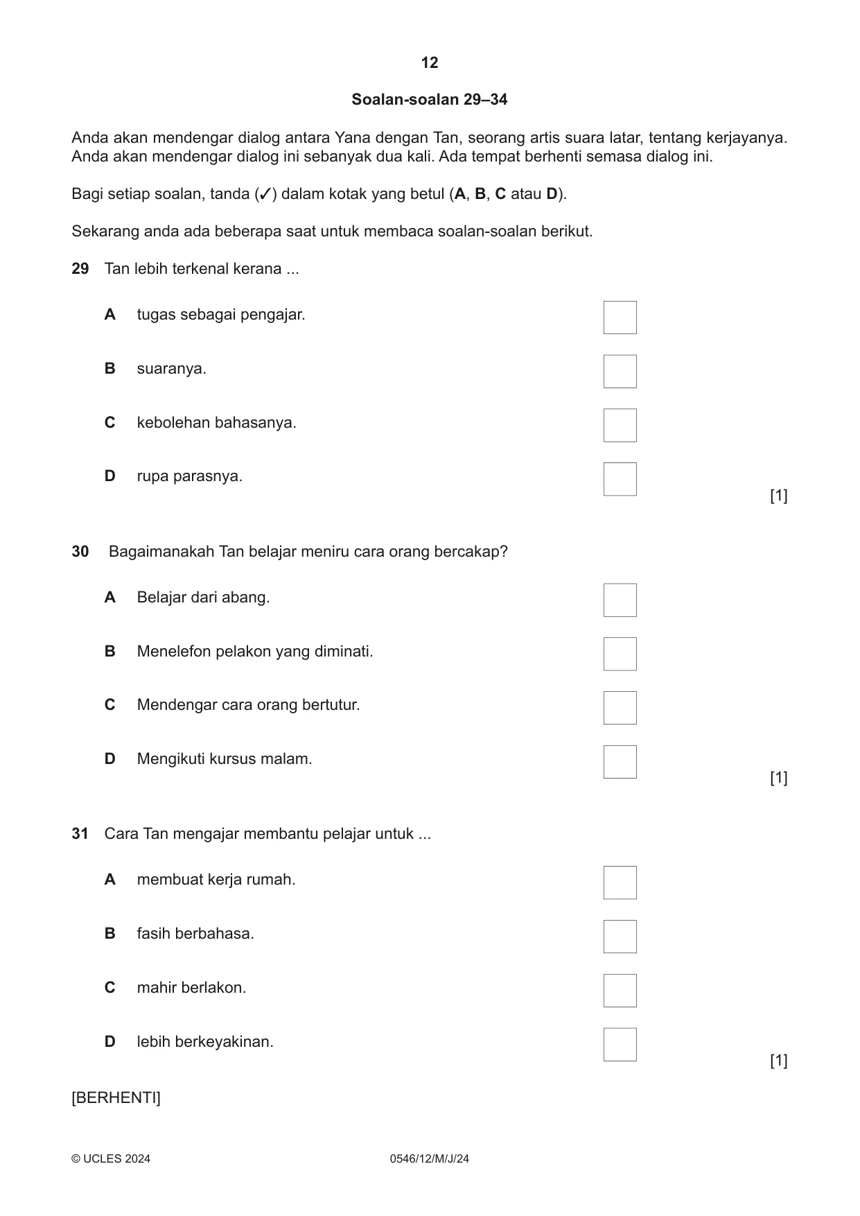 Cambridge IGCSE Malay - Foreign Language 0546 2024 May/June Paper 1 · Variant 2 question paper, page 12 of 16