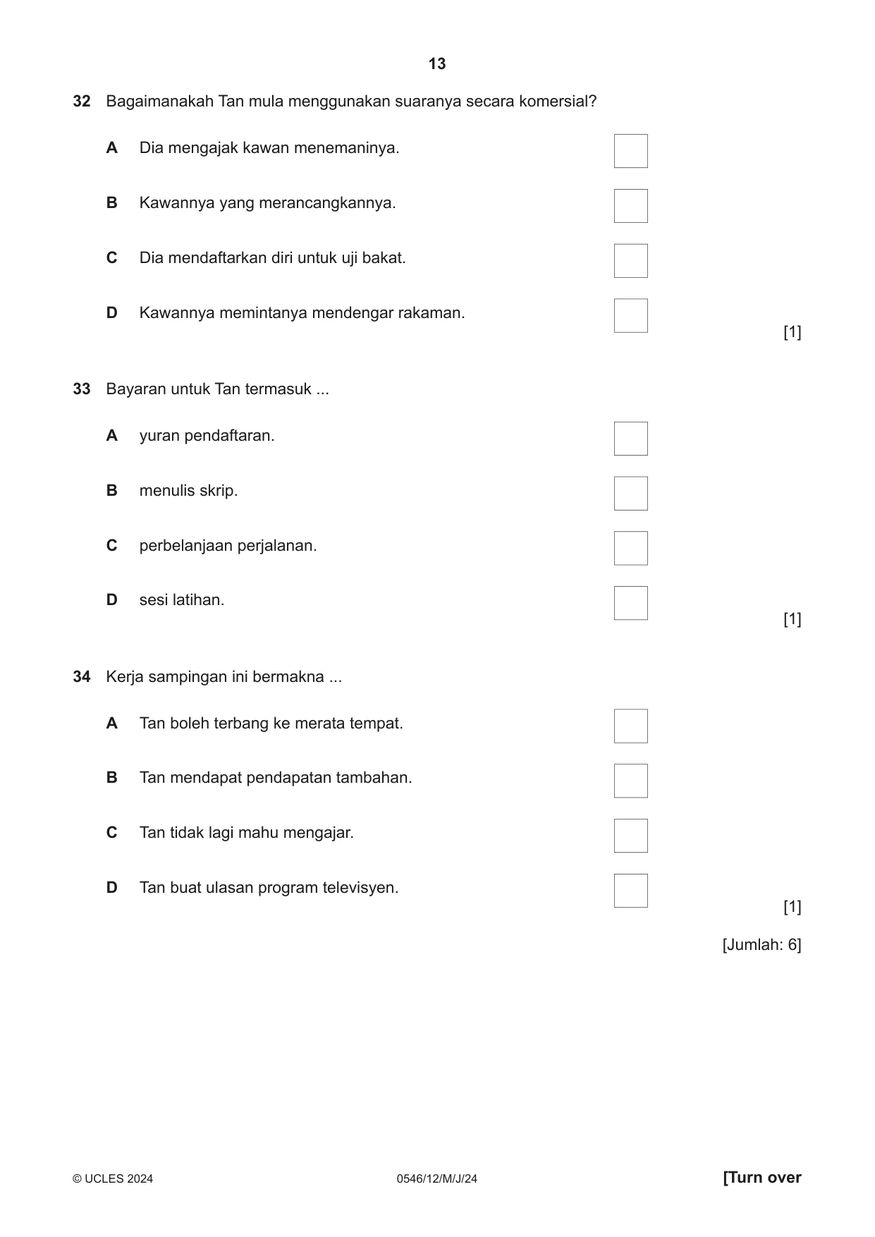 Cambridge IGCSE Malay - Foreign Language 0546 2024 May/June Paper 1 · Variant 2 question paper, page 13 of 16