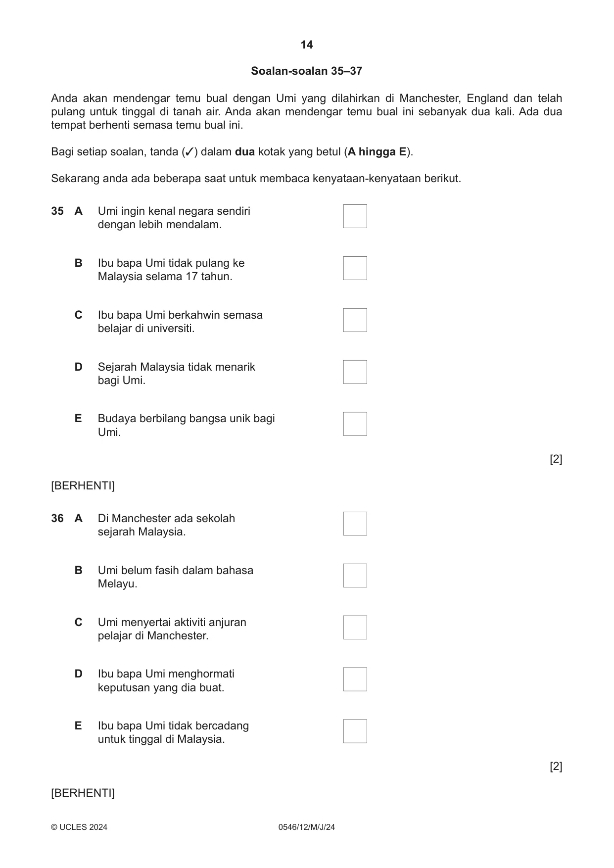 Cambridge IGCSE Malay - Foreign Language 0546 2024 May/June Paper 1 · Variant 2 question paper, page 14 of 16