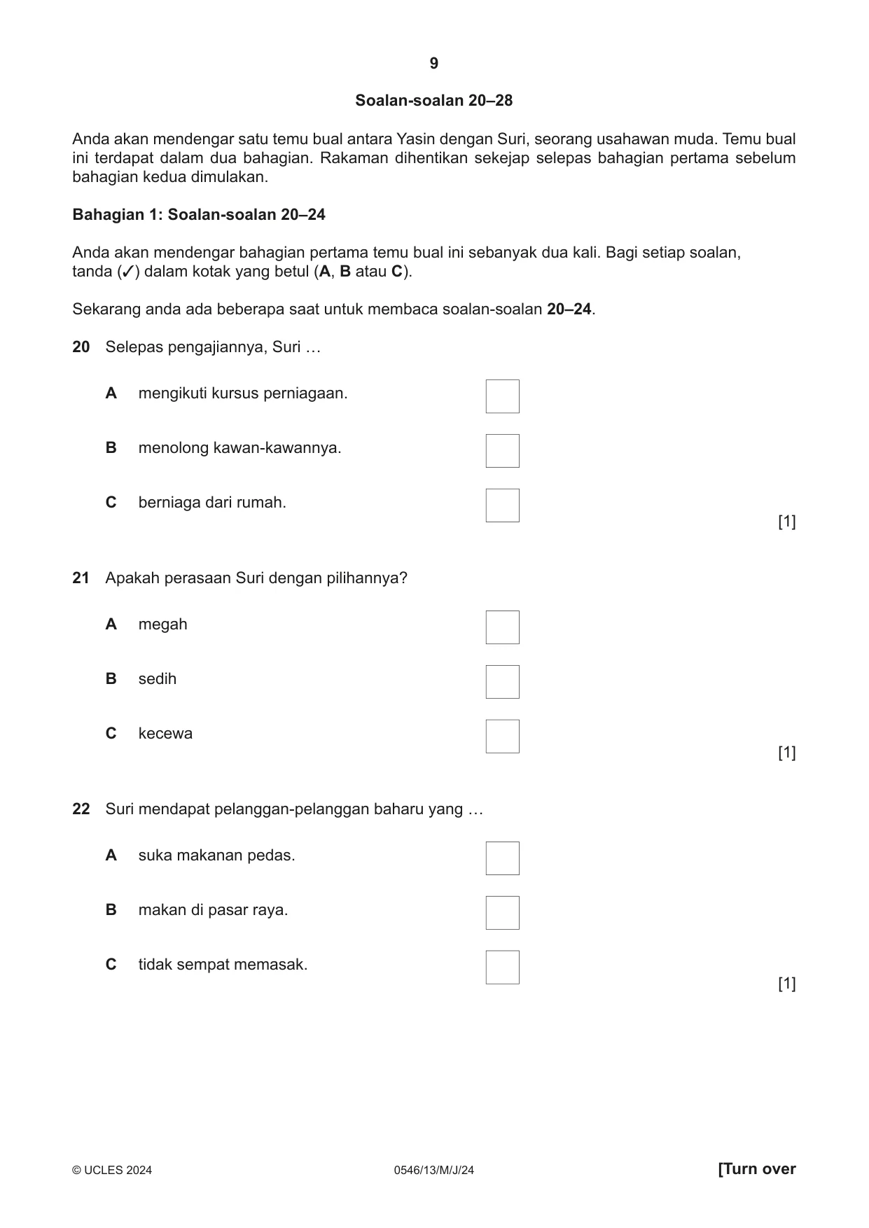 Cambridge IGCSE Malay - Foreign Language 0546 2024 May/June Paper 1 · Variant 3 question paper, page 9 of 16