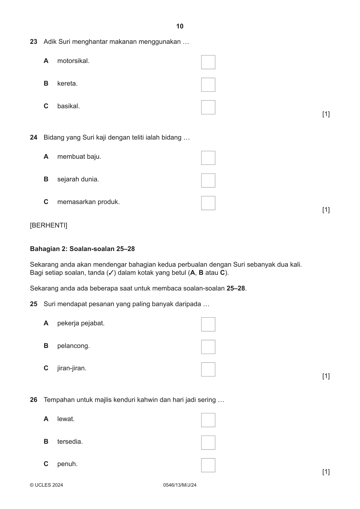 Cambridge IGCSE Malay - Foreign Language 0546 2024 May/June Paper 1 · Variant 3 question paper, page 10 of 16