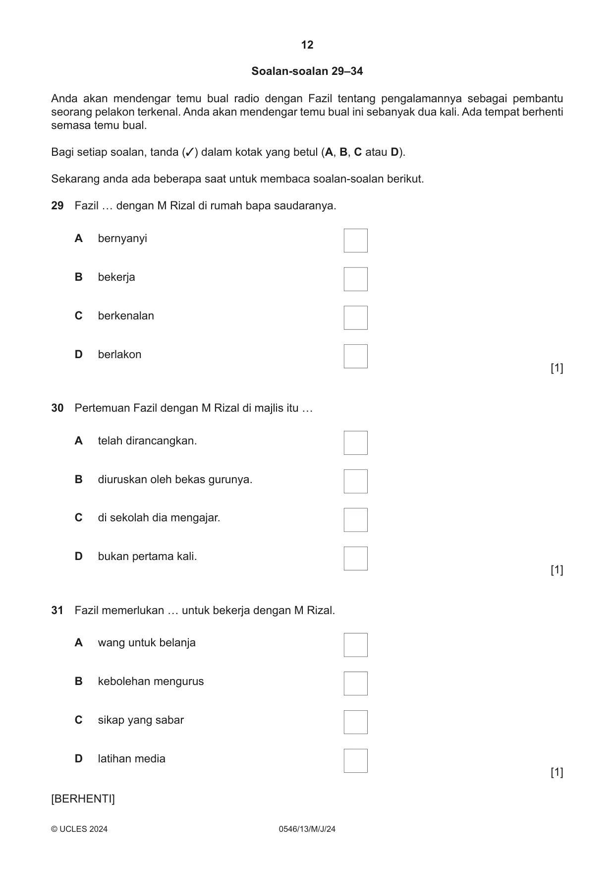 Cambridge IGCSE Malay - Foreign Language 0546 2024 May/June Paper 1 · Variant 3 question paper, page 12 of 16