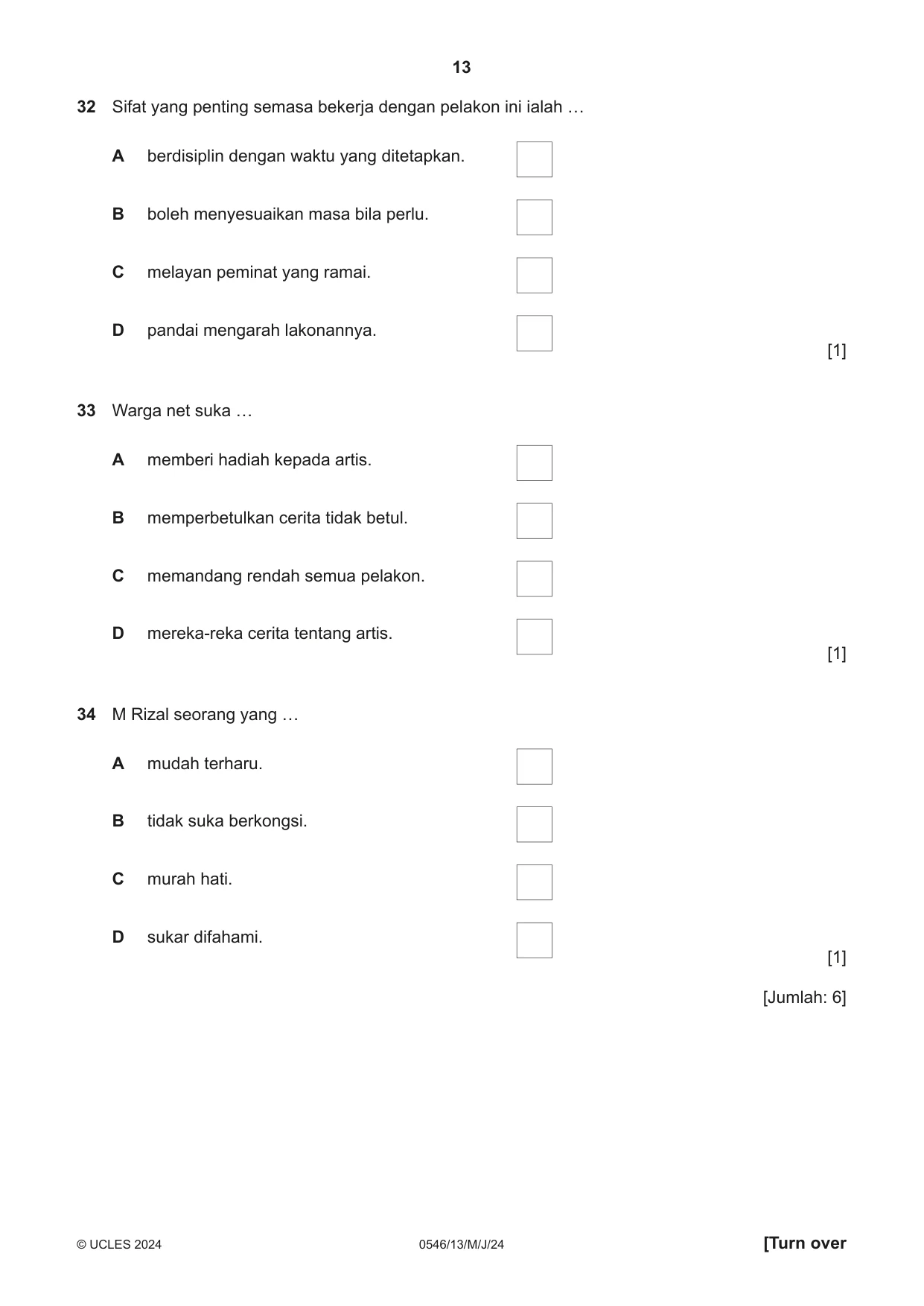 Cambridge IGCSE Malay - Foreign Language 0546 2024 May/June Paper 1 · Variant 3 question paper, page 13 of 16