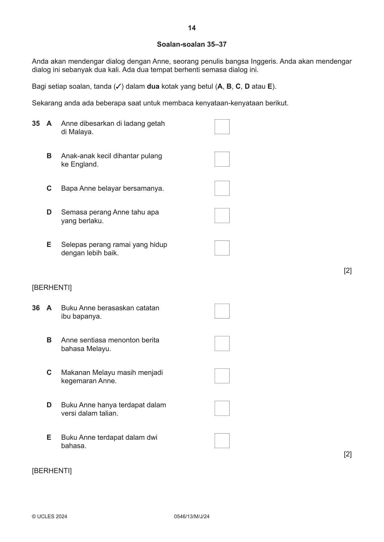 Cambridge IGCSE Malay - Foreign Language 0546 2024 May/June Paper 1 · Variant 3 question paper, page 14 of 16