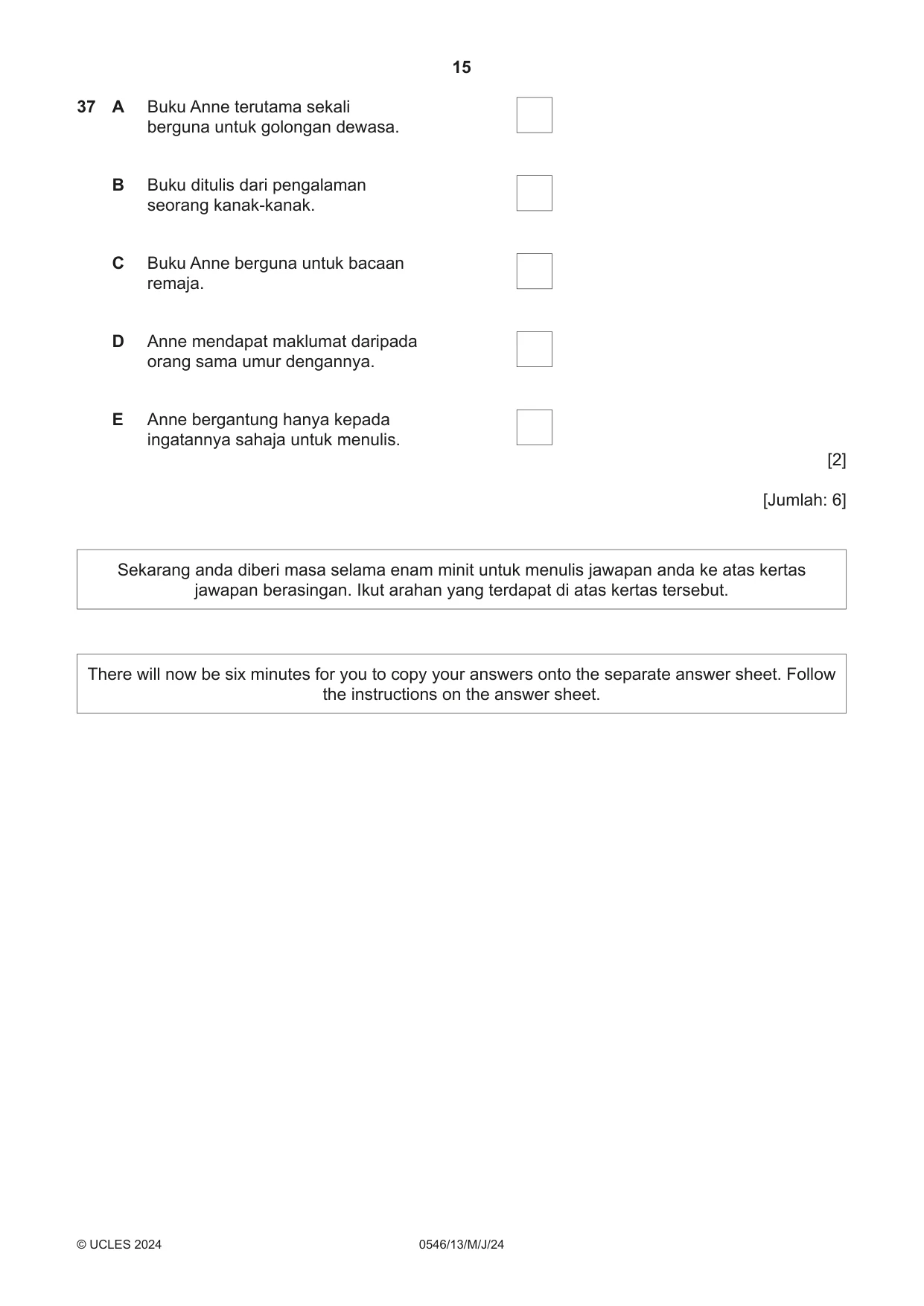 Cambridge IGCSE Malay - Foreign Language 0546 2024 May/June Paper 1 · Variant 3 question paper, page 15 of 16