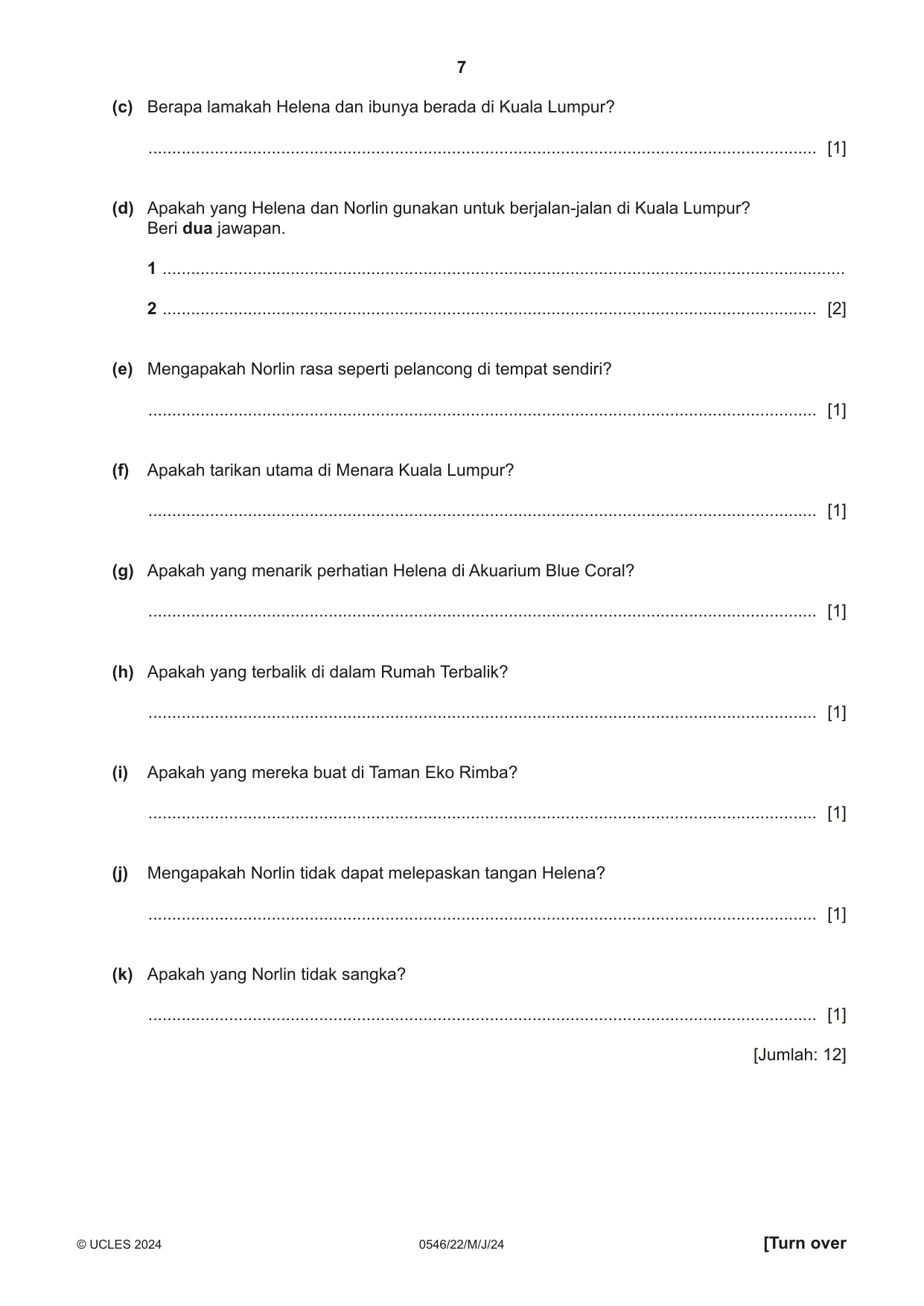 Cambridge IGCSE Malay - Foreign Language 0546 2024 May/June Paper 2 · Variant 2 question paper, page 7 of 12