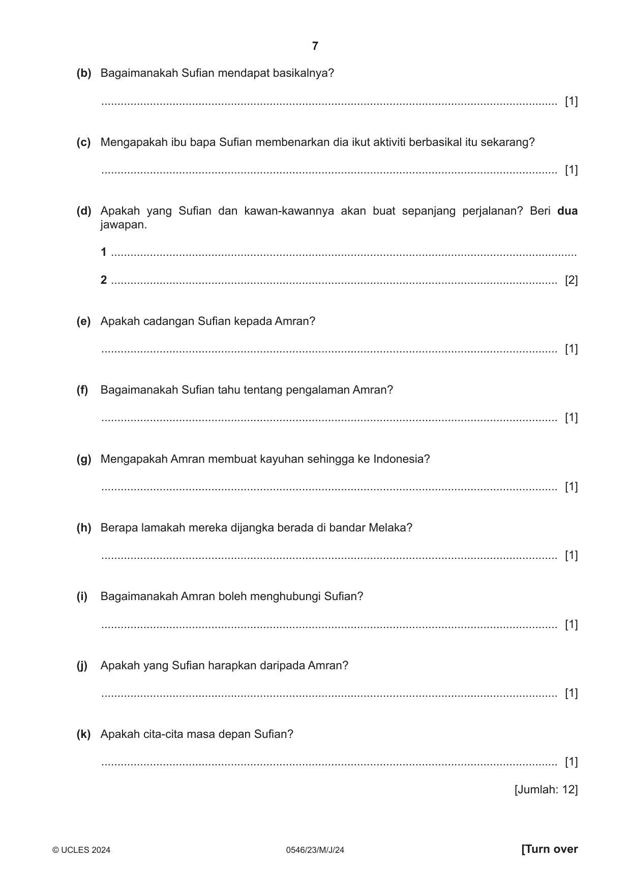Cambridge IGCSE Malay - Foreign Language 0546 2024 May/June Paper 2 · Variant 3 question paper, page 7 of 12