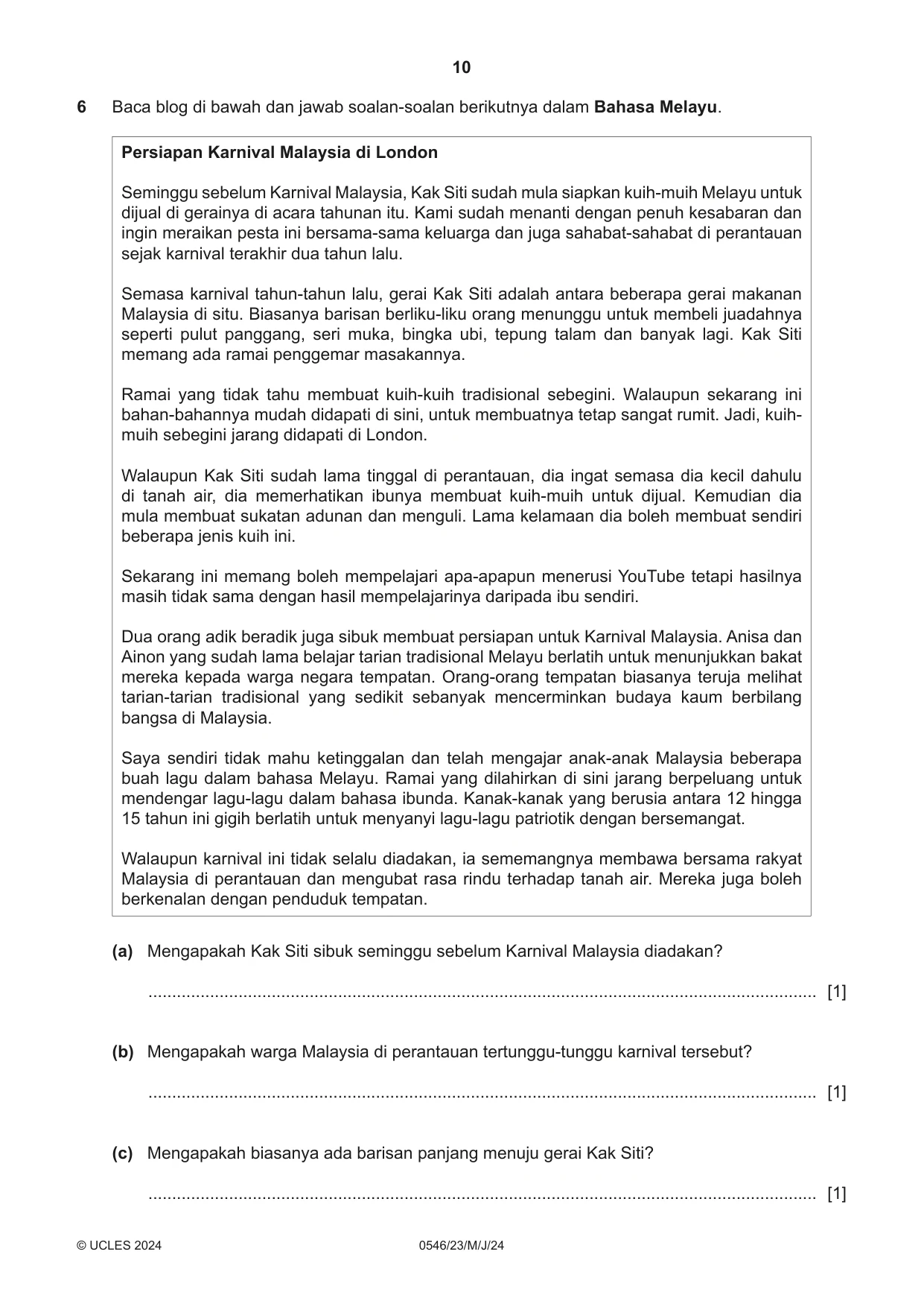 Cambridge IGCSE Malay - Foreign Language 0546 2024 May/June Paper 2 · Variant 3 question paper, page 10 of 12