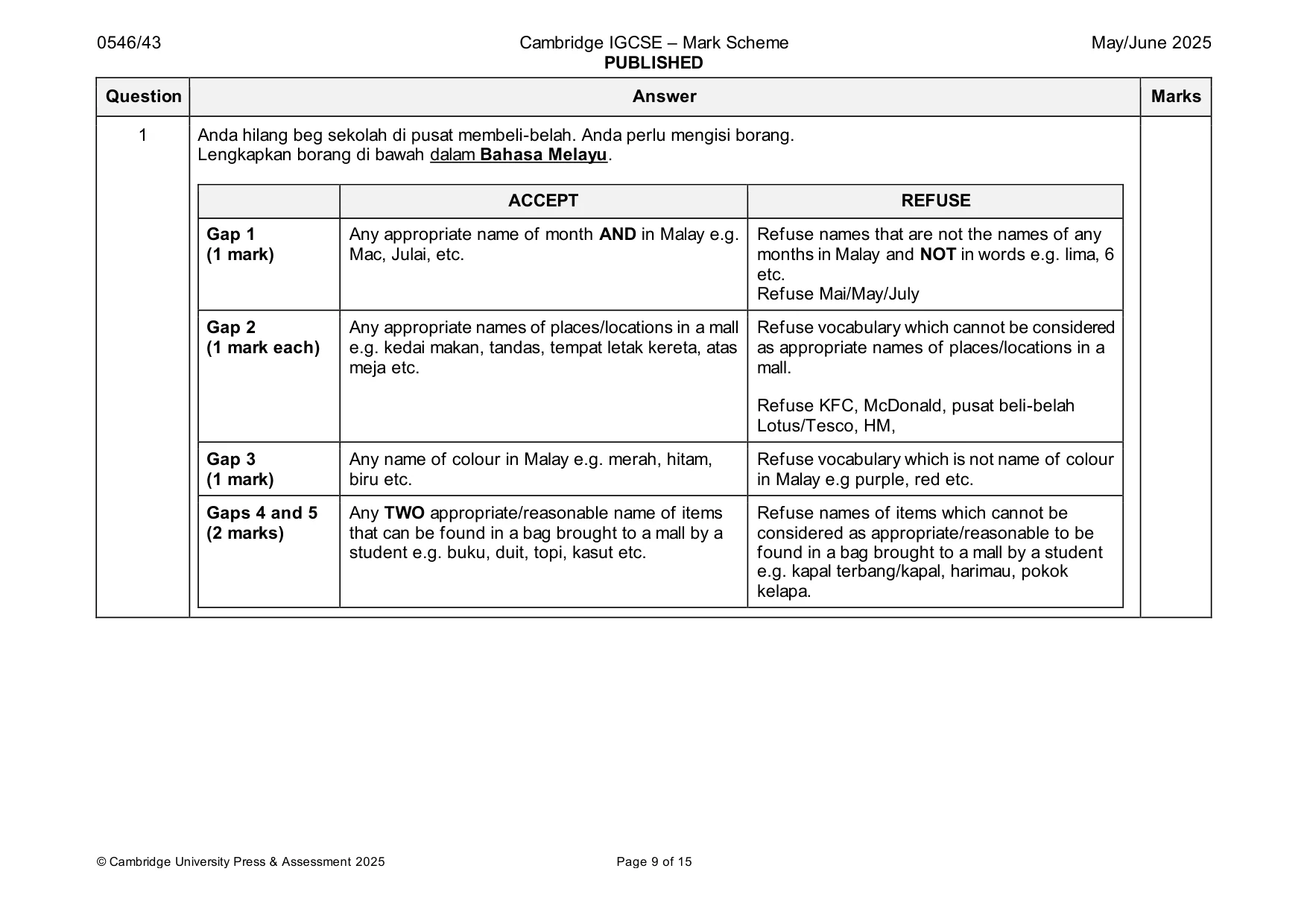 Mark scheme, page 9 of 15