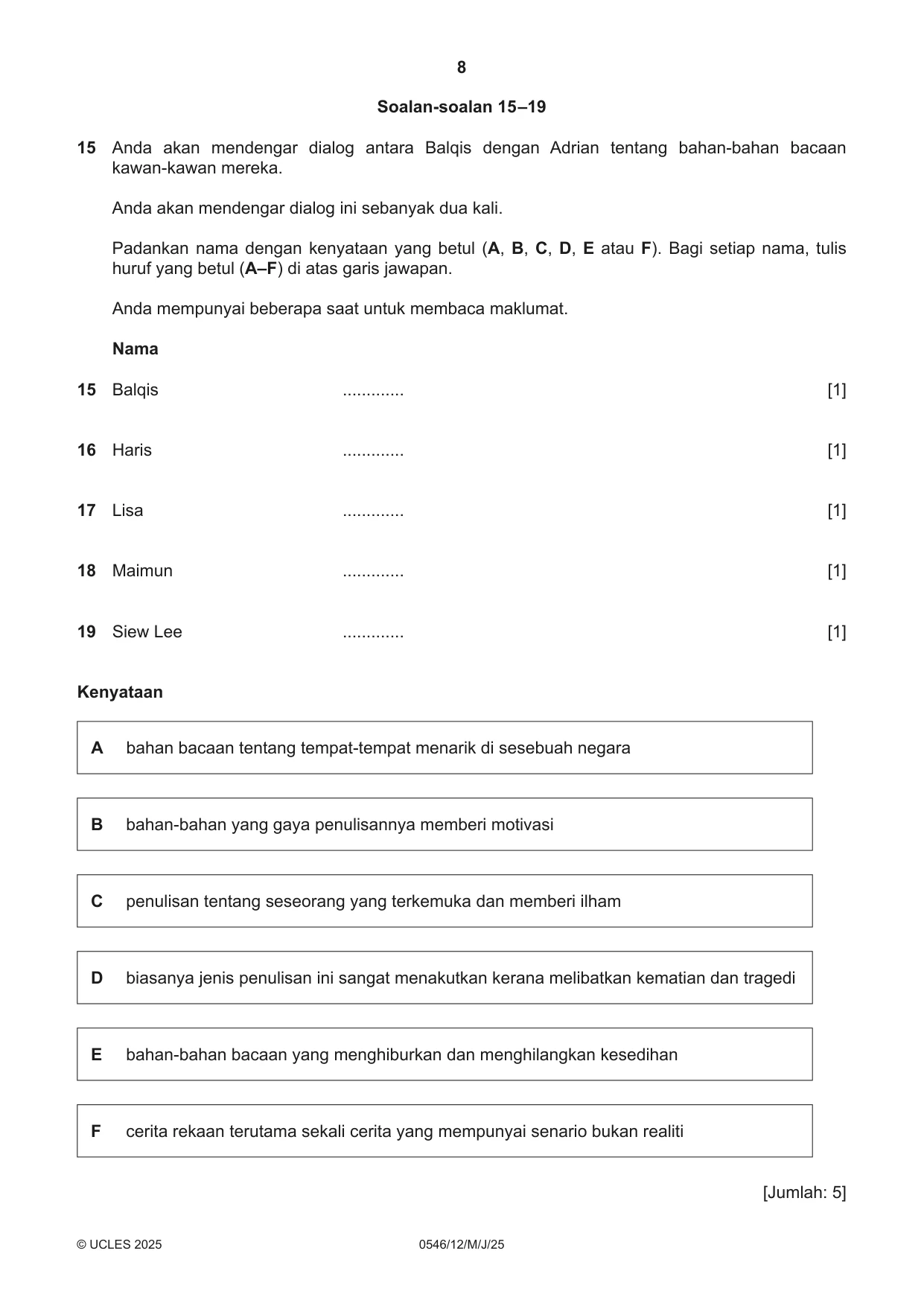 Cambridge IGCSE Malay - Foreign Language 0546 2025 May/June Paper 1 · Variant 2 question paper, page 8 of 16