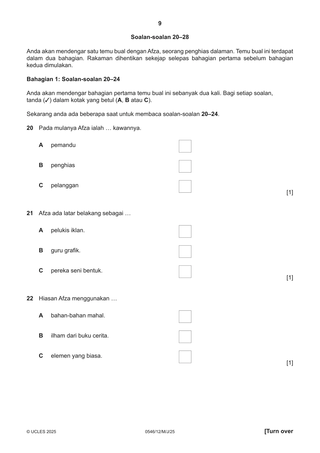 Cambridge IGCSE Malay - Foreign Language 0546 2025 May/June Paper 1 · Variant 2 question paper, page 9 of 16